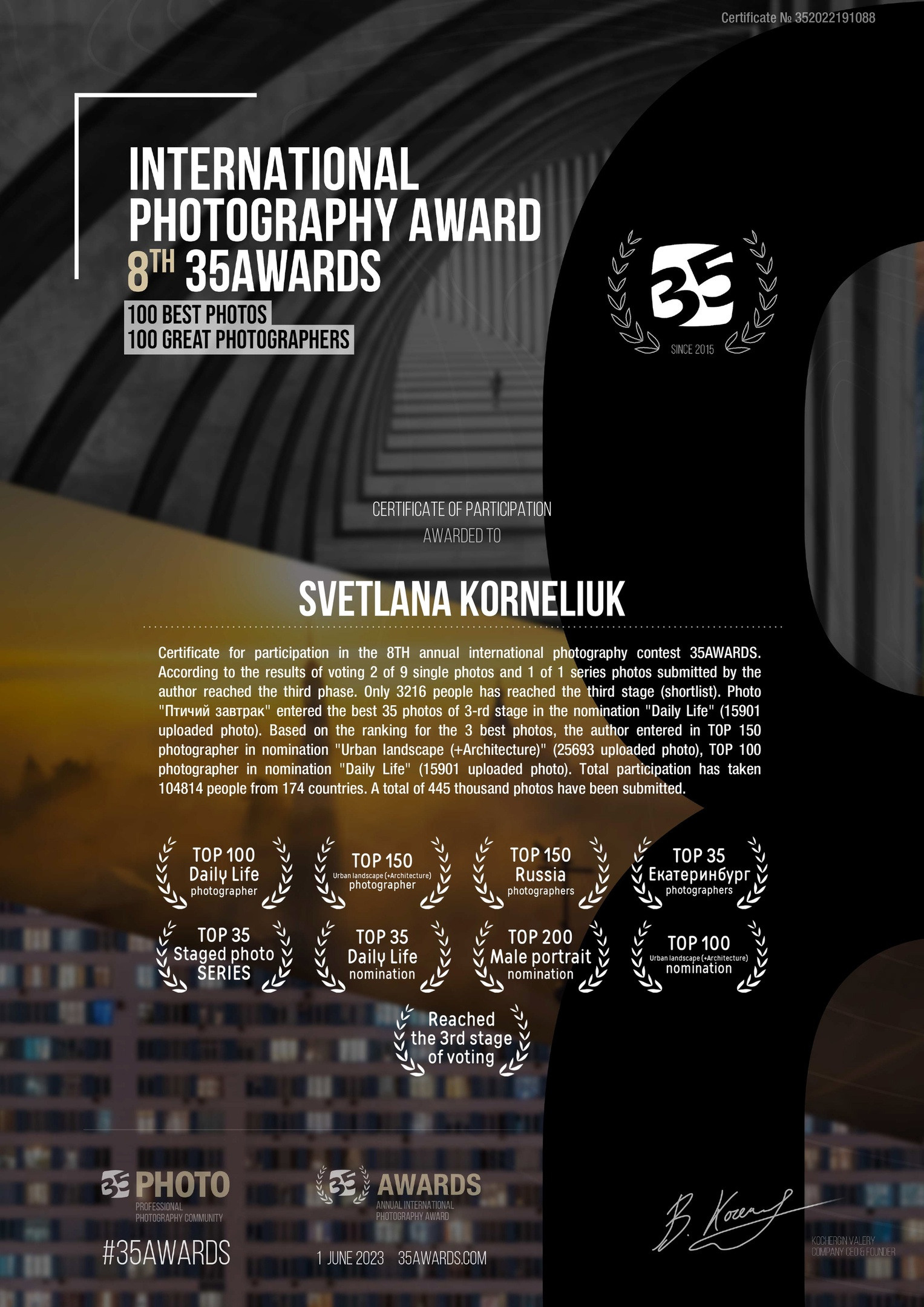 Сертификат участника 35 Awards 2022