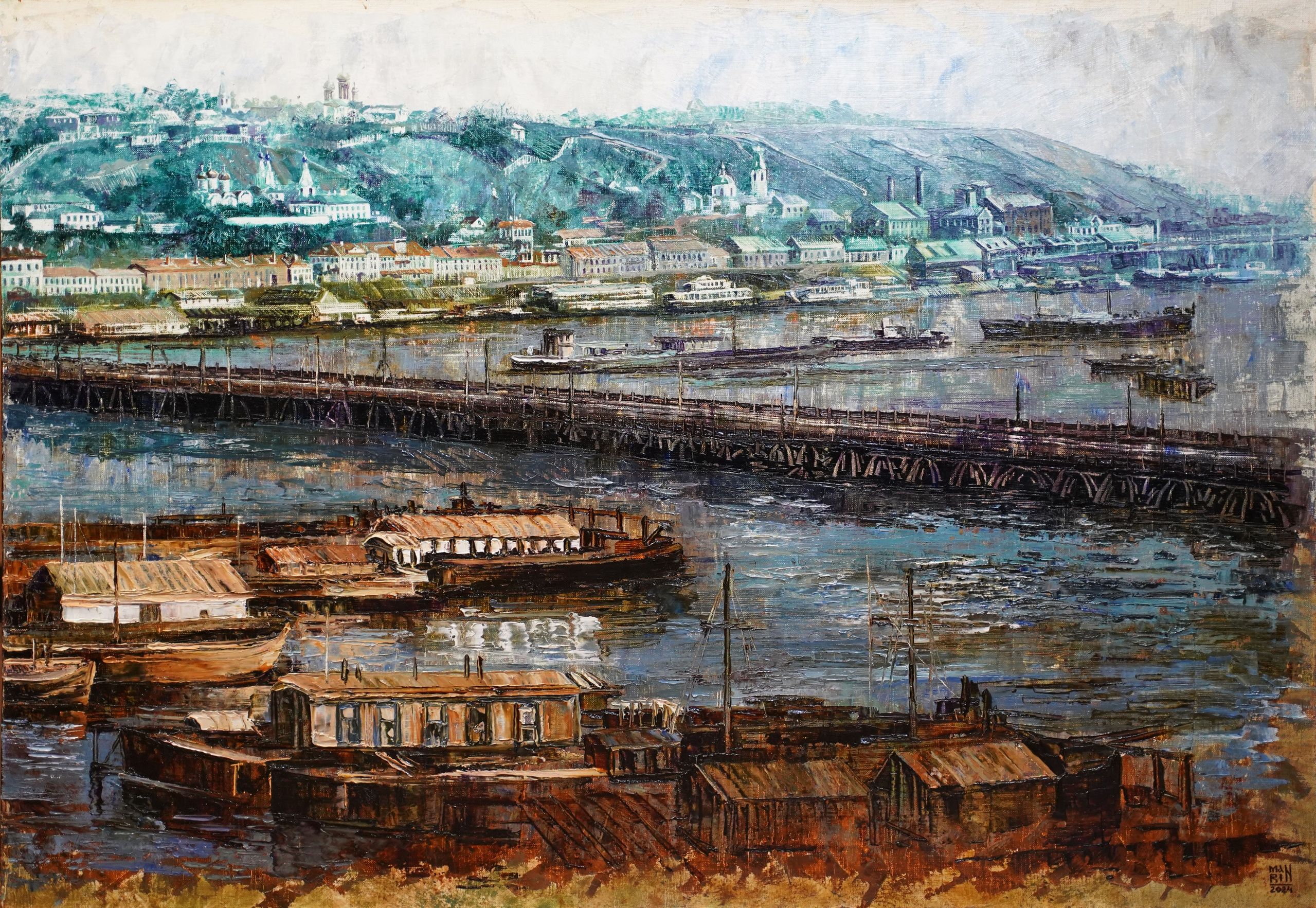 Нижний Новгород, старый Нижний, нижегородский кремль, картины с Нижнем Новгородом, река Волга, Ока, пристань, художник Марина Новосельская, ретро, корабли, теплоходы, картина в подарок, нижегородские художники, достопримечательности Нижнего Новгорода, панорама Нижнего Новгорода, царственно поставленный город
