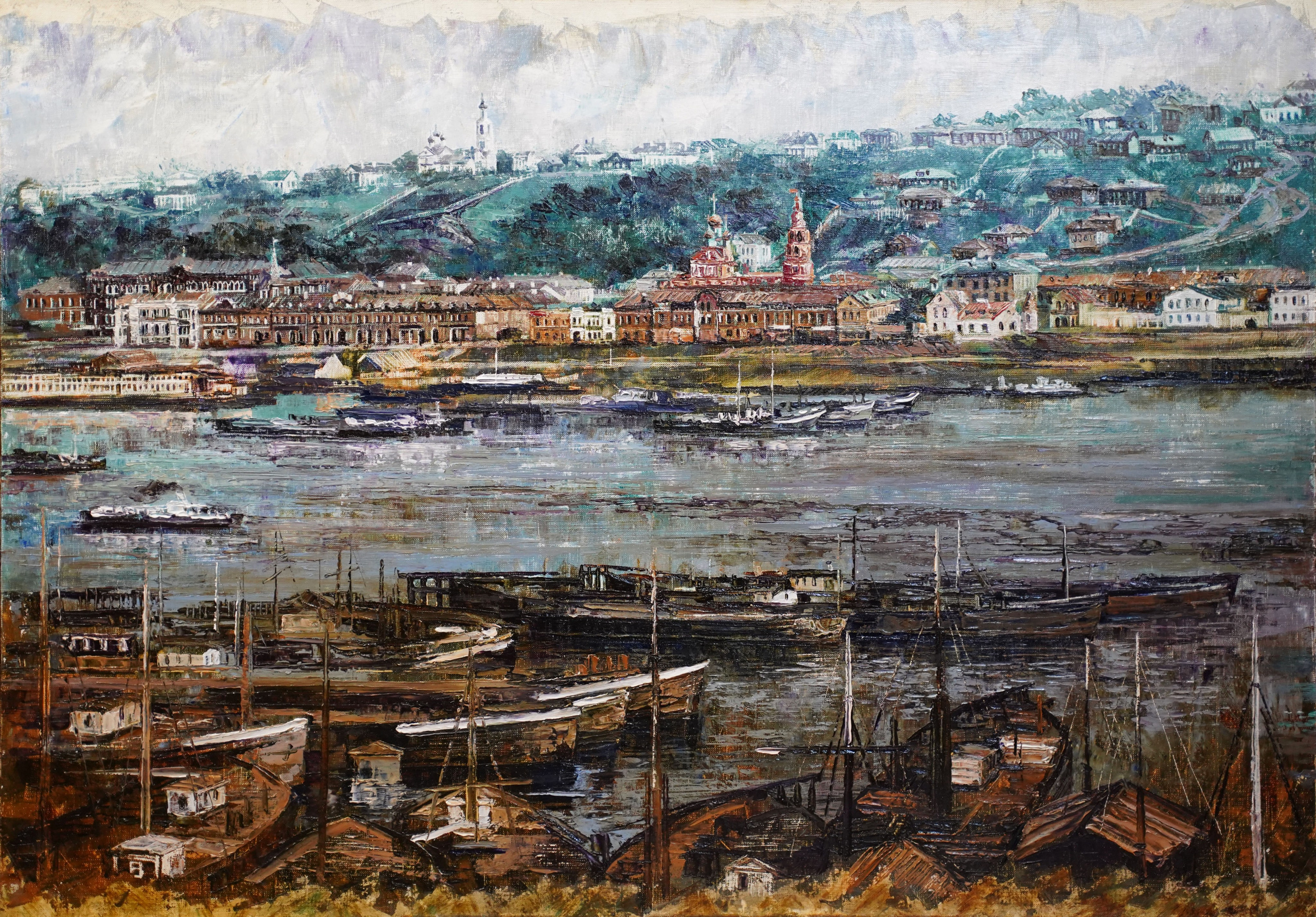Нижний Новгород, старый Нижний, нижегородский кремль, картины с Нижнем Новгородом, река Волга, Ока, пристань, художник Марина Новосельская, ретро, корабли, теплоходы, картина в подарок, нижегородские художники, достопримечательности Нижнего Новгорода, панорама Нижнего Новгорода, царственно поставленный город