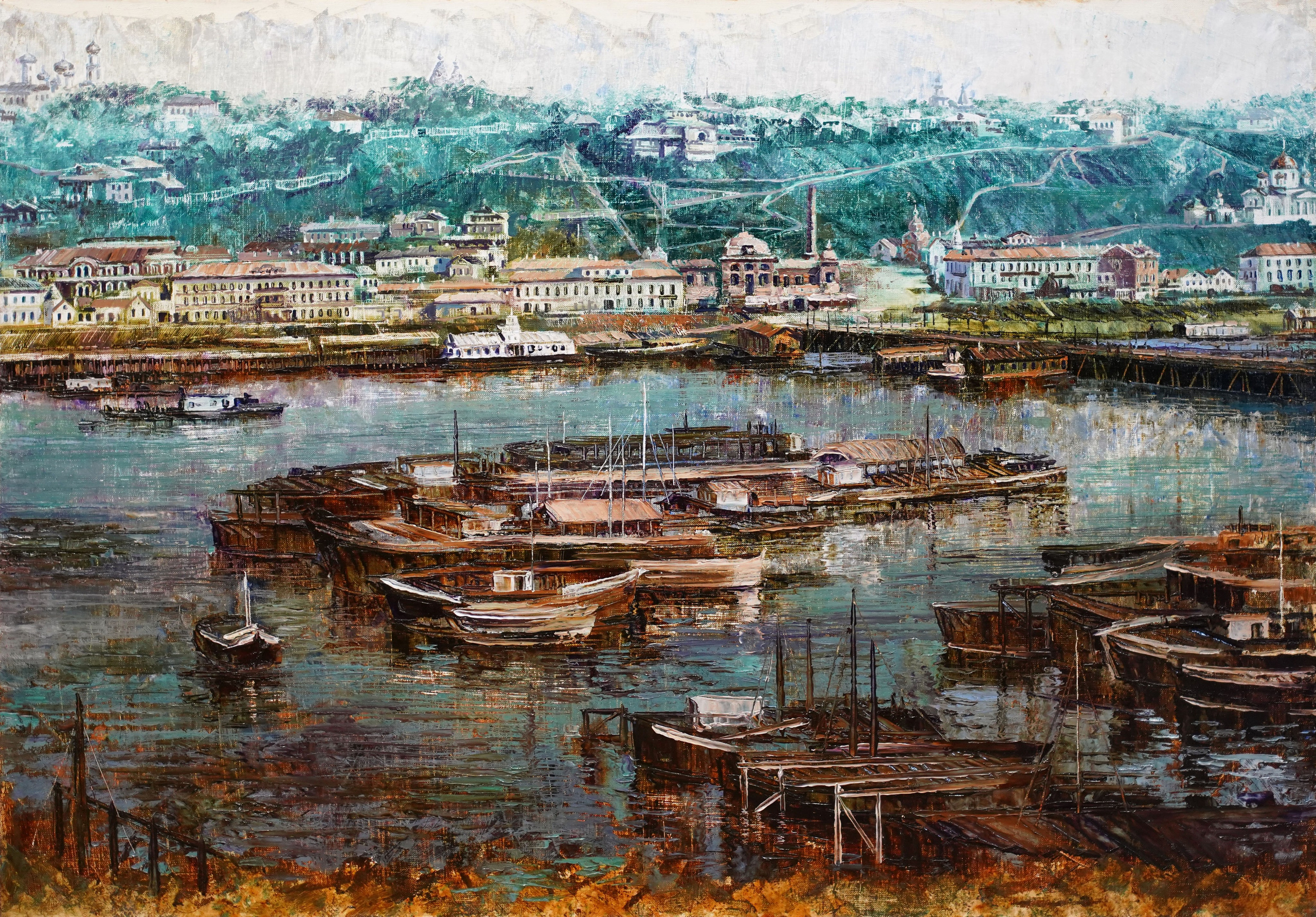 Нижний Новгород, старый Нижний, нижегородский кремль, картины с Нижнем Новгородом, река Волга, Ока, пристань, художник Марина Новосельская, ретро, корабли, теплоходы, картина в подарок, нижегородские художники, достопримечательности Нижнего Новгорода, панорама Нижнего Новгорода, царственно поставленный город