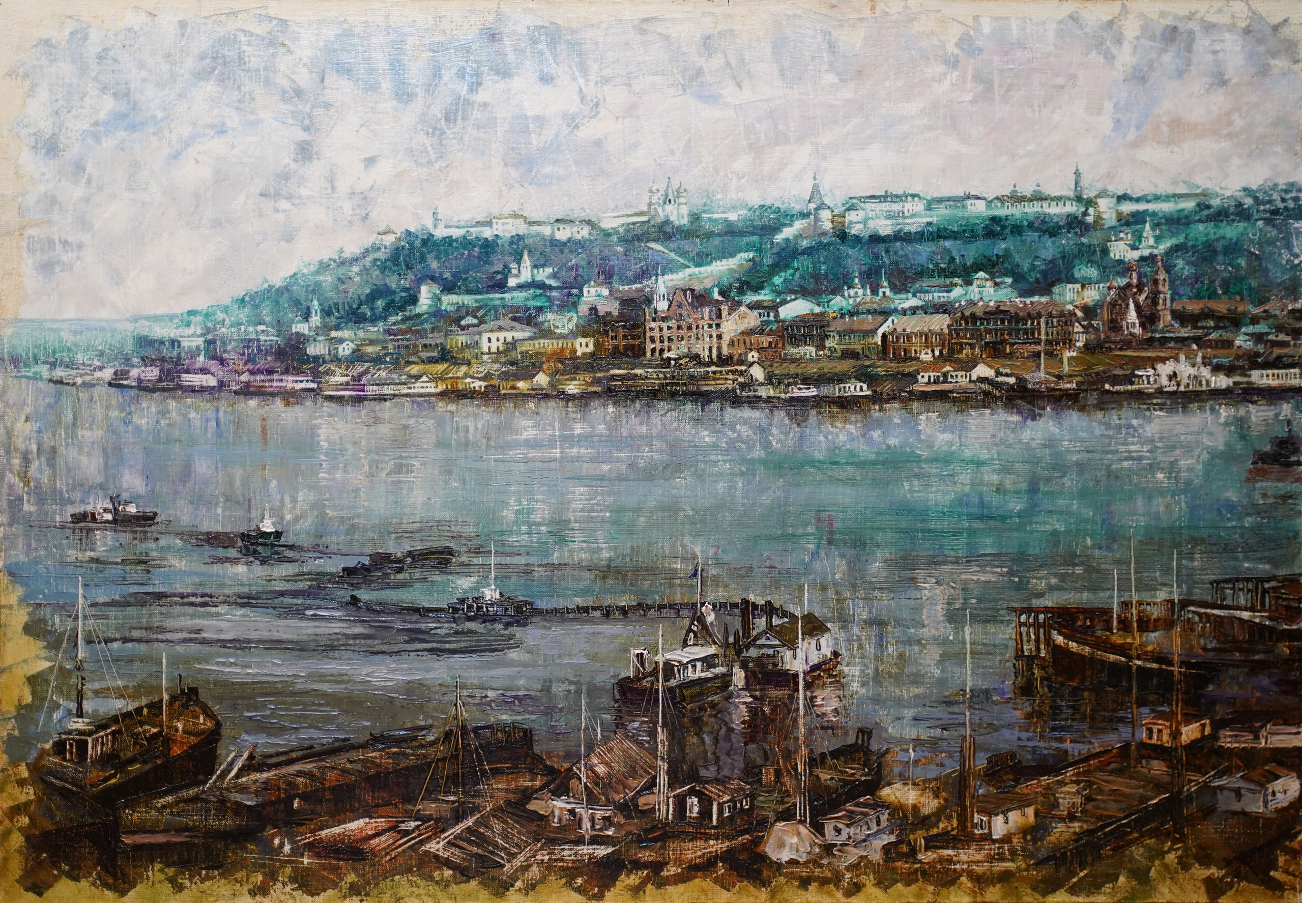 Нижний Новгород, старый Нижний, нижегородский кремль, картины с Нижнем Новгородом, река Волга, Ока, пристань, художник Марина Новосельская, ретро, корабли, теплоходы, картина в подарок, нижегородские художники, достопримечательности Нижнего Новгорода, панорама Нижнего Новгорода, царственно поставленный город