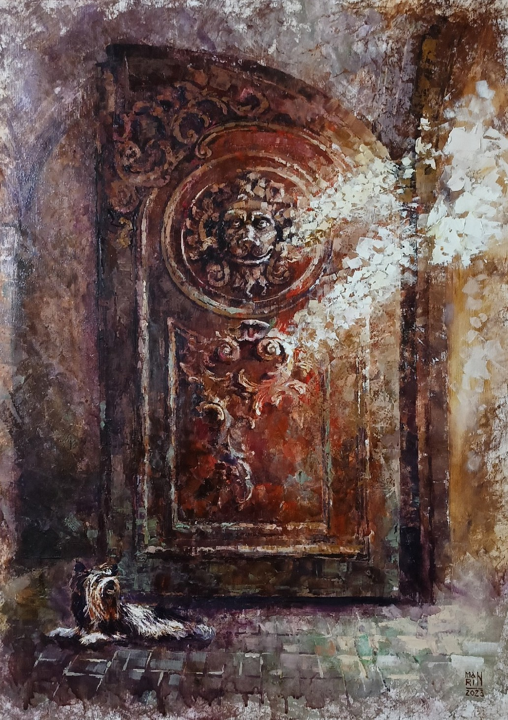 картины, интерьерные картины, картины маслом, масло, природа, живопись, купить картину, картина в подарок, старина, ретро стиль, Санкт-Петербург, лев, собака, старинная усадьба, дверь, луч солнца