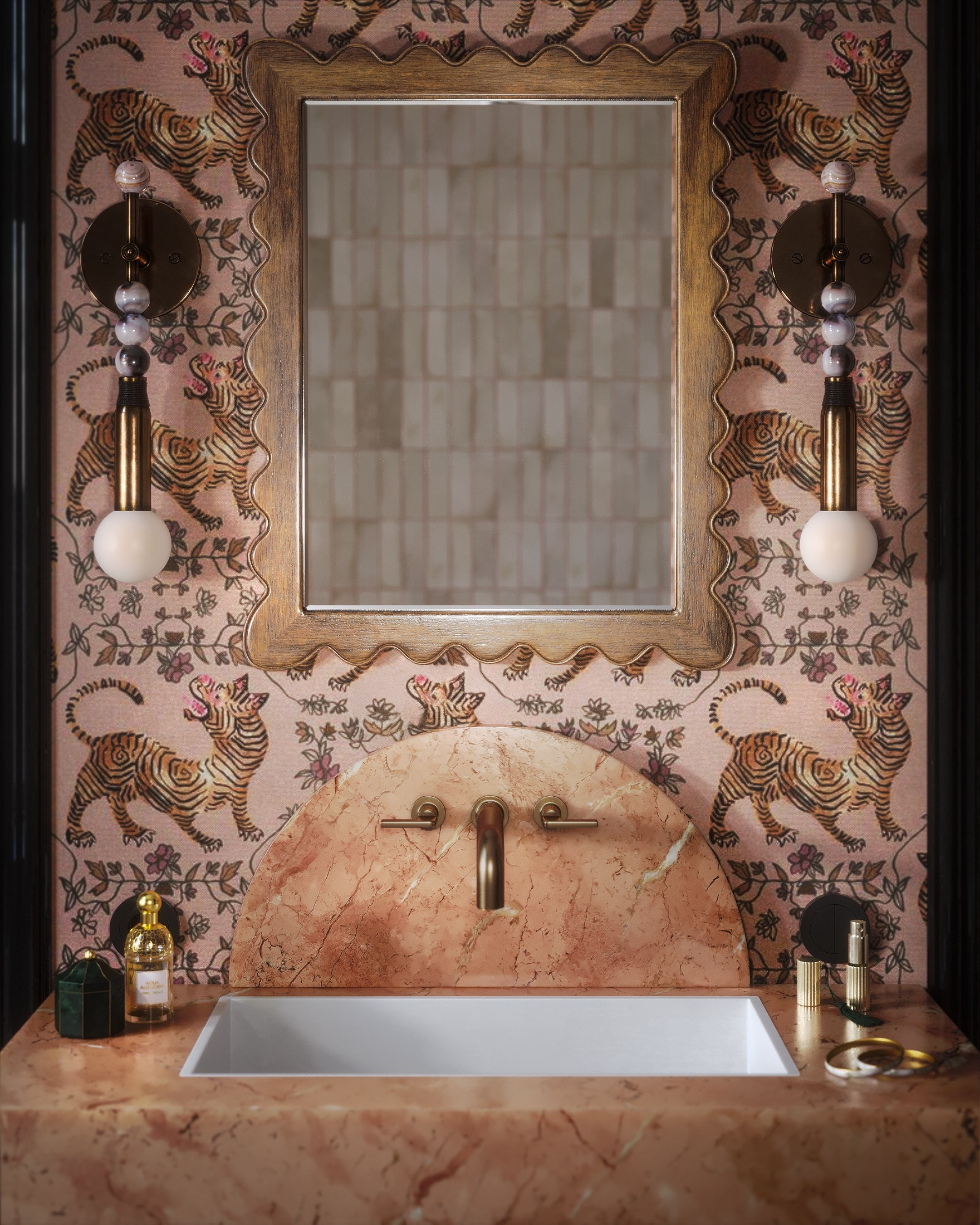 featuring marble sink, tiger-themed wallpaper, gold accents, and natural daylight; visualización 3D de un elegante baño con bañera exenta blanca, papel pintado con tigres y suelo de mármol beige