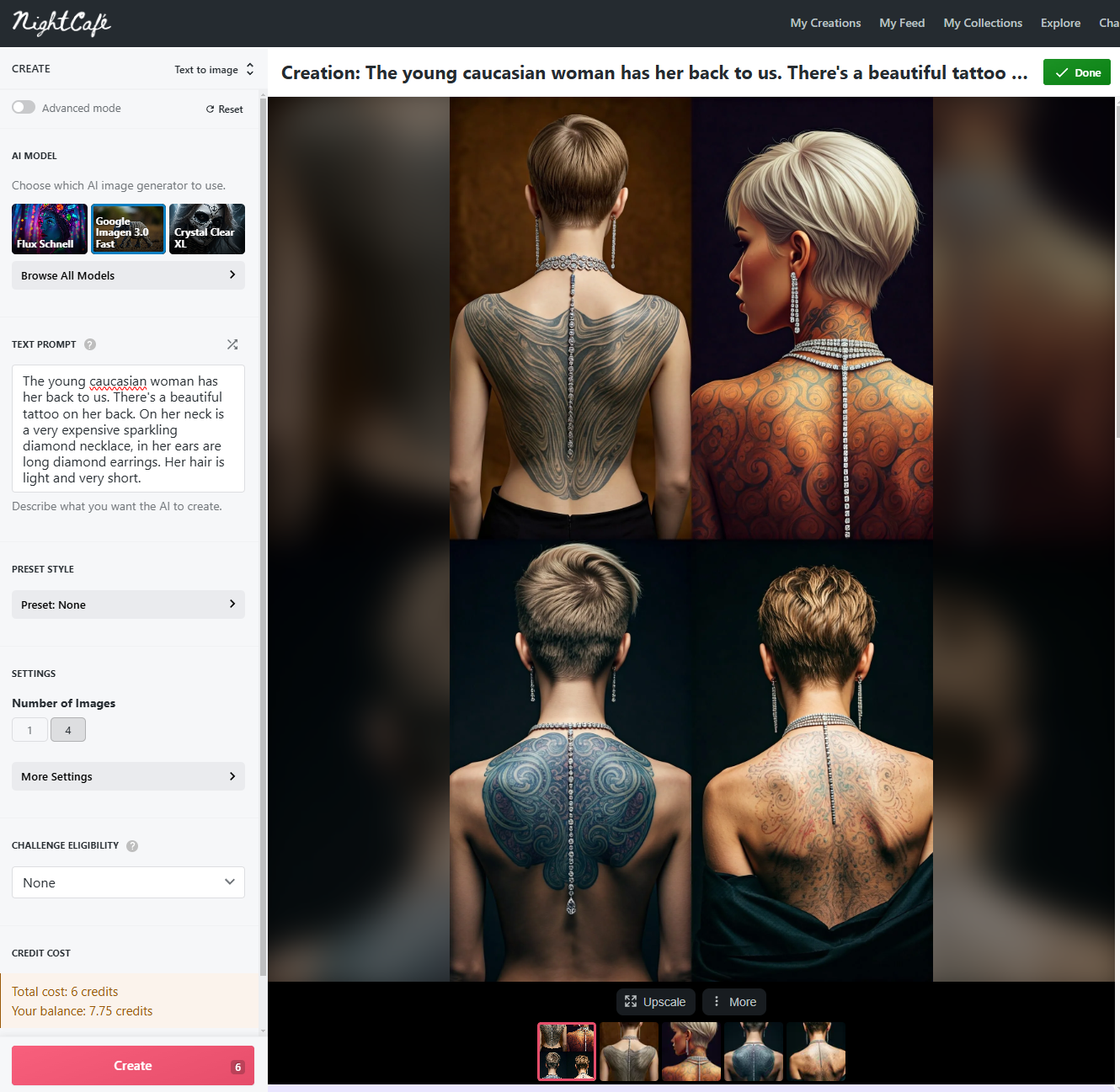 Скриншот интерфейса сервиса NightCafe, где пользователь может вводить текстовые запросы для генерации изображений