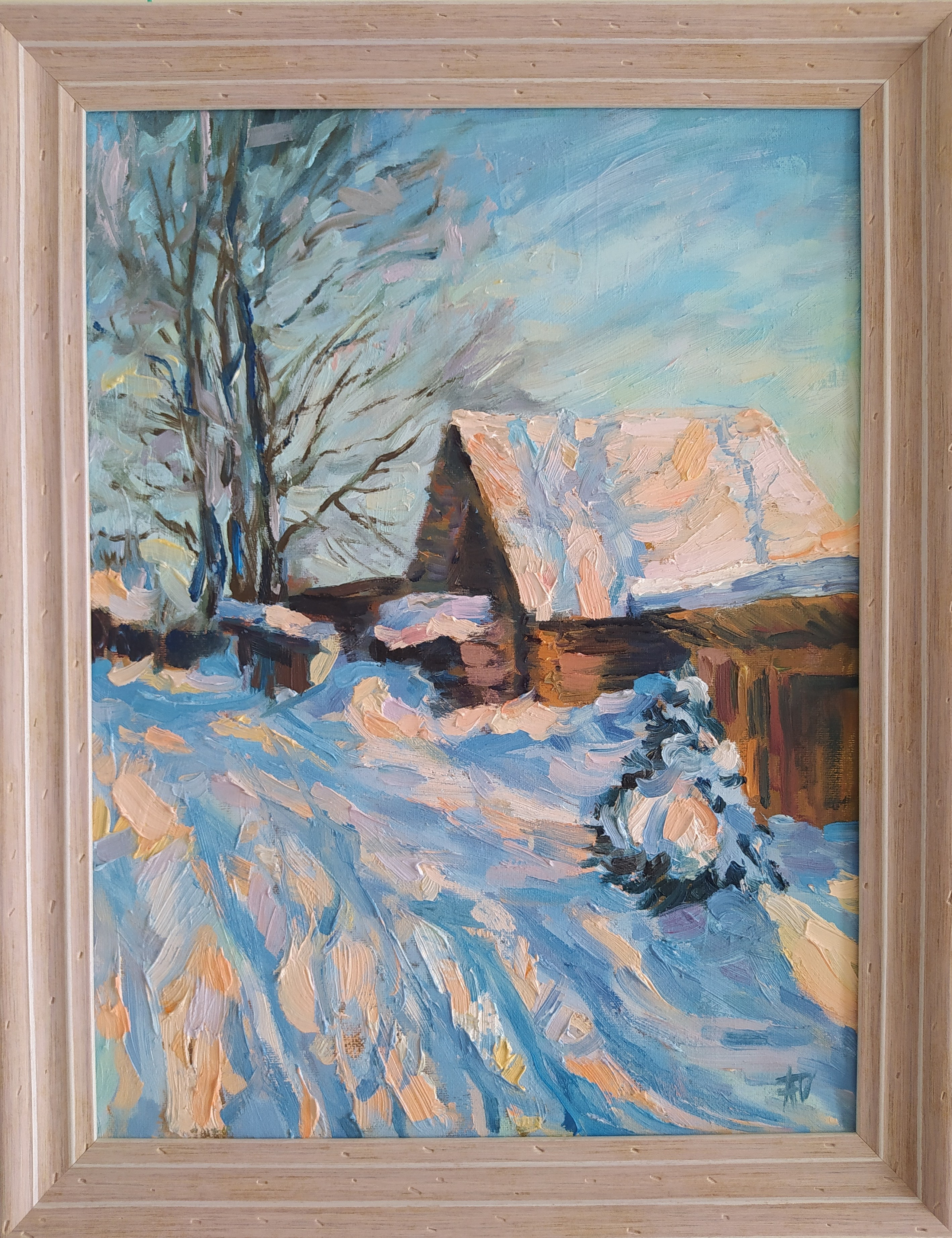 картины, живопись, масло, акрил, пейзаж, зима, мороз, солнце, снег, деревня, дом, картина в интерьер