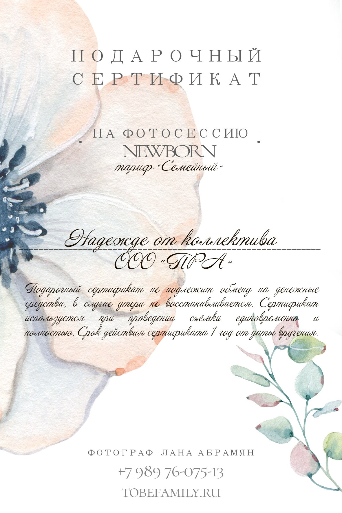 Подарочный сертификат. Лана Абрамян-Фотограф новорожденных и беременных в Новороссийске Анапе