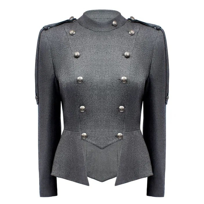 Серый жакет с серебреными пуговицами на невидимом манекене на белом фоне