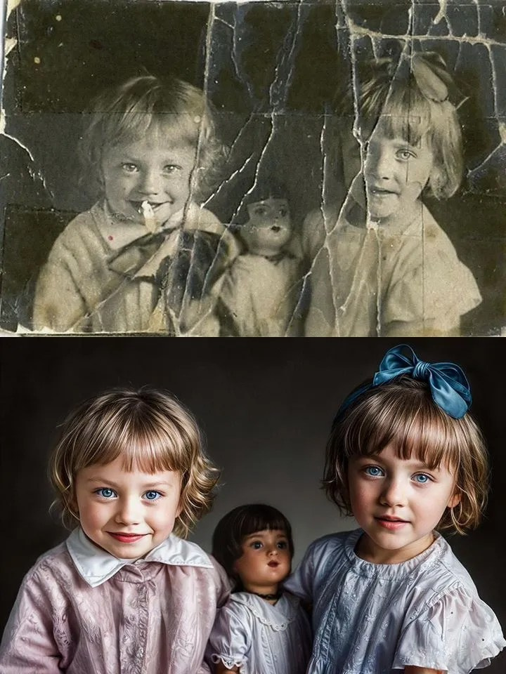 Side-by-side comparison of an old black-and-white photo and its modern recreation, featuring two young girls with blue eyes holding a doll, dressed in vintage-style clothing with detailed textures
