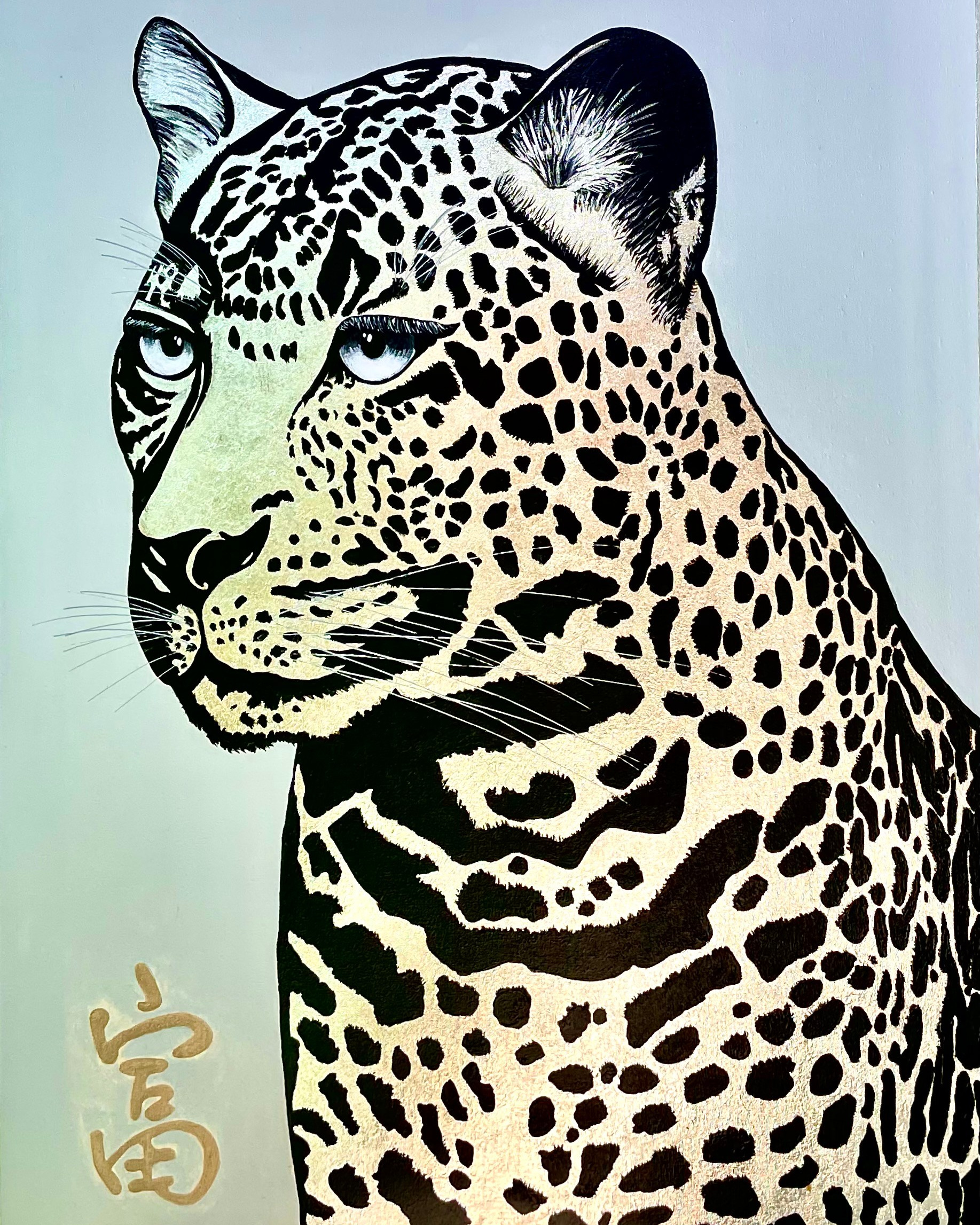 картина леопард, леопард с кодом богатства, картина для кабинета руководителя, luxury картина, картина для офиса, элитный декор, картина с поталью платина, символ успеха, финансовый символ, интерьерная картина, premium wall art.