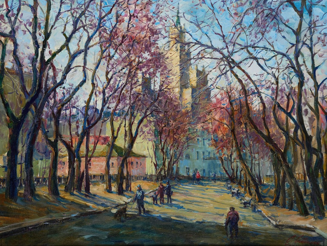 Картина маслом старая Москва, холст масло, городской пейзаж художник Станислав Скобелев