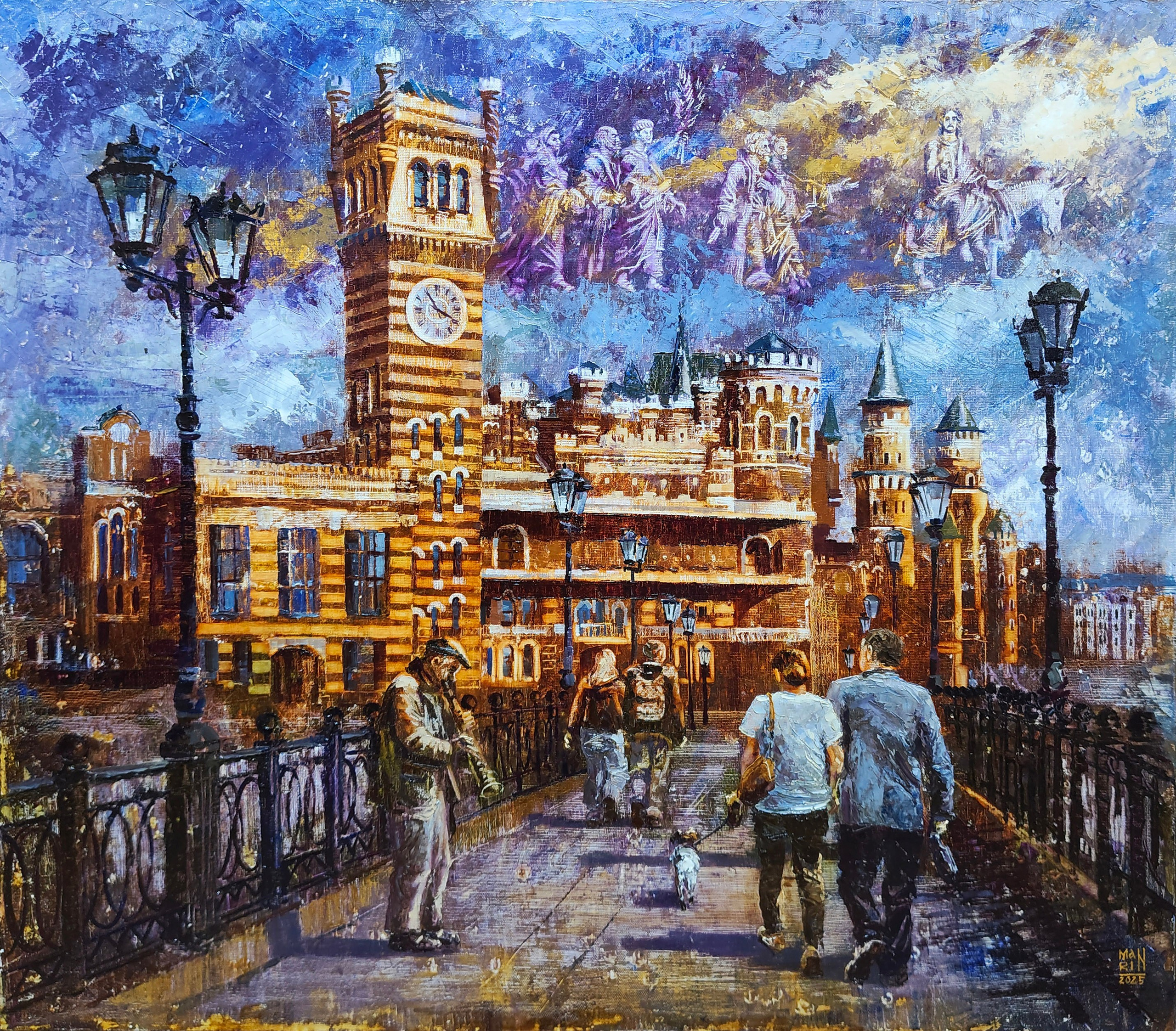 картины, картины маслом, масло,  природа, живопись, старина, ретро стиль, Марина Новосельская, эксклюзив, картина в подарок, картина женщине, Йошкар-Ола, замок, апостолы, Иисус Христос, картина с Йошкар-Олой, музыкант, пара с собачкой