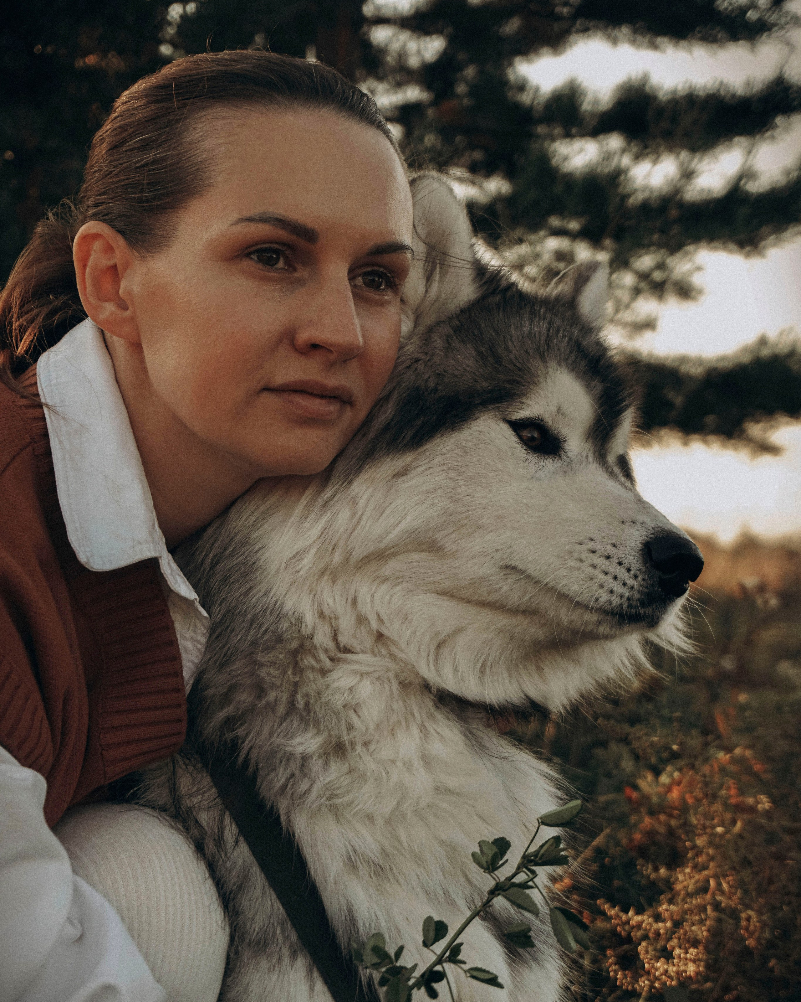 Девушка обнимает своего самого преданного друга и этот друг собака.