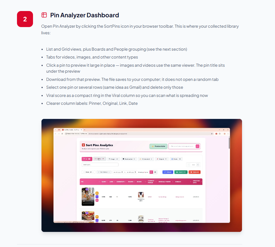 Раздел Pin Analyzer Dashboard в руководстве SortPins: список возможностей и пример таблицы собранных пинов.