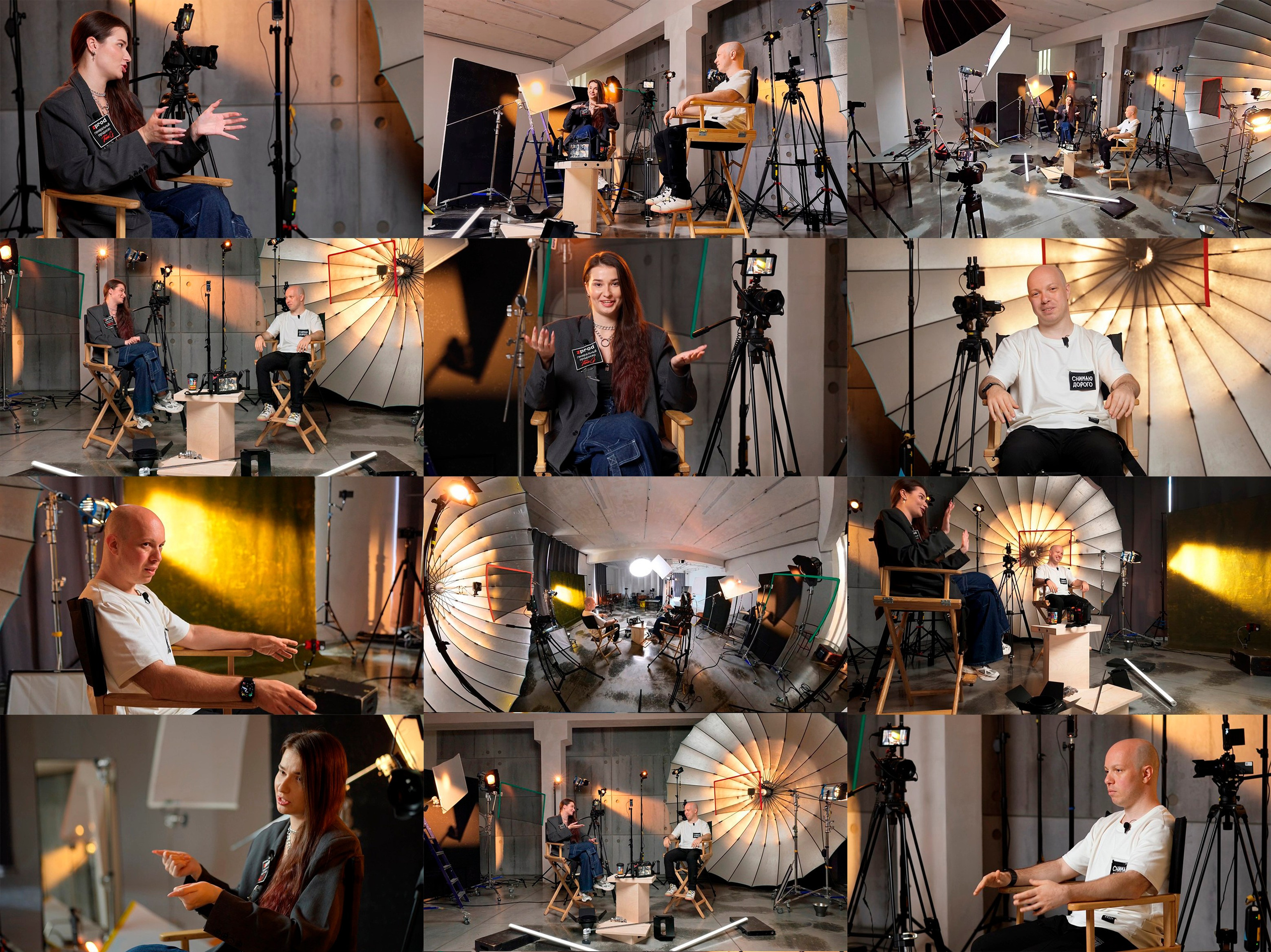 Видеосъёмка подкаста с Андреем Жуковым в 12 ракурсов, показывающих различные моменты съёмки в студии. На кадрах представлены различные ракурсы, включая кадры с участниками подкаста, настройку оборудования, освещение и процесс записи. Студия с камерой, освещением и микрофонами, каждый кадр демонстрирует работу над созданием контента