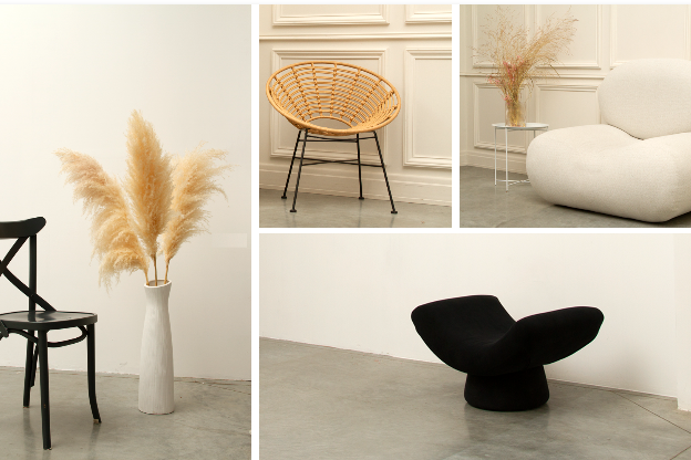 черный стул, черное кресло и песочная трава в вазе