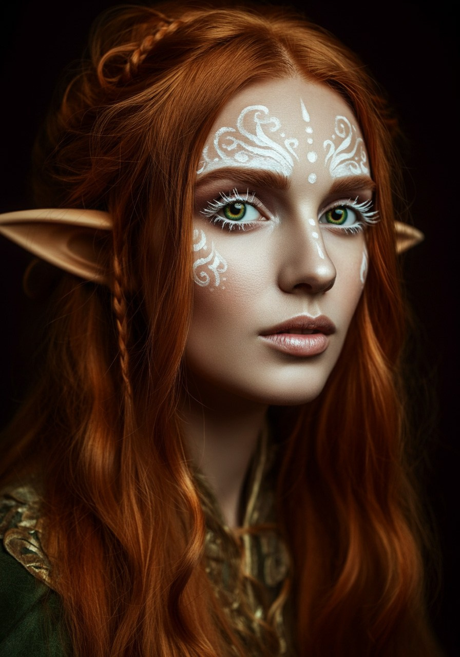 Рыжеволосая девушка с эльфийскими ушками, белыми татуировками на лице и белыми ресницами - референс для студийной съёмки