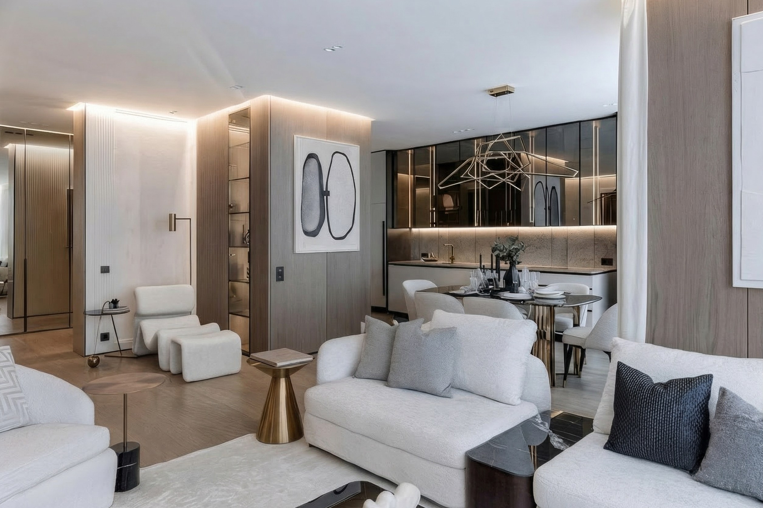 Светлая гостиная квартиры 130 м² в стиле мягкий минимализм