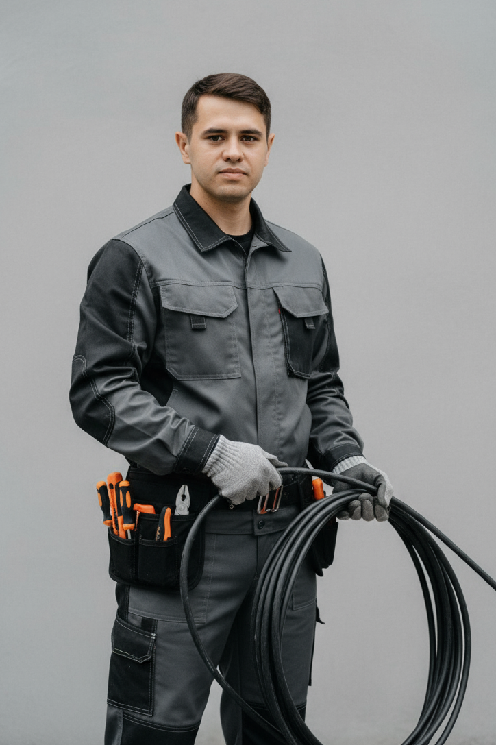 Электрик ПротектОм в спецодежде с кабелем ВВГнг(A)-LS для проводки Томск
