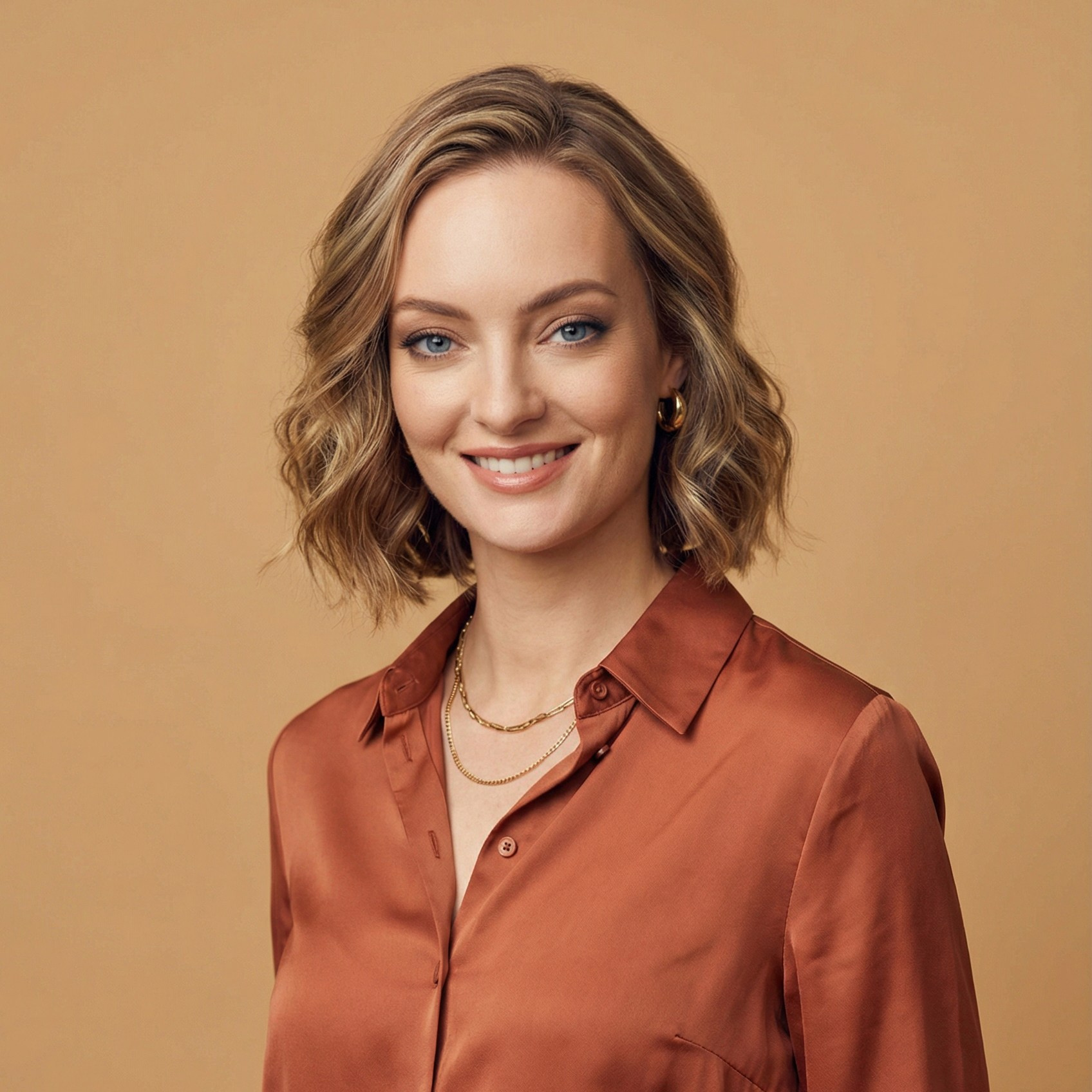 Пример портретной фотосессии: улыбающаяся девушка на студийном фоне.