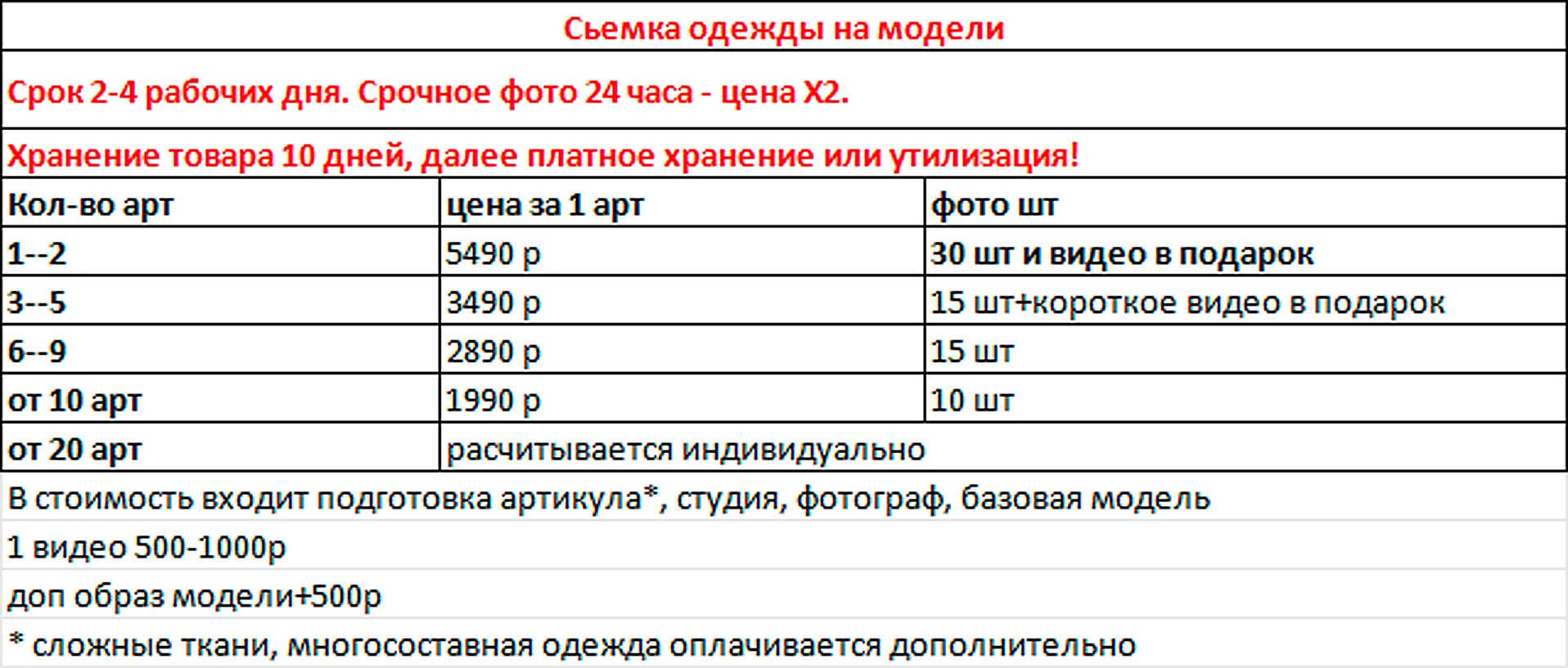 Услуги и цены. Фото для маркетплейс