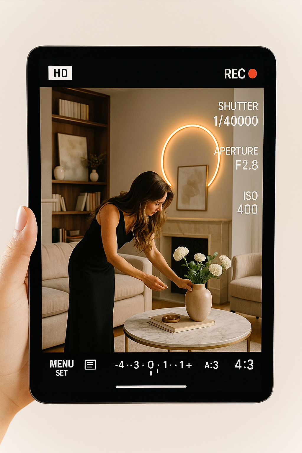 Стилист настраивает кадр во время интерьерной съёмки