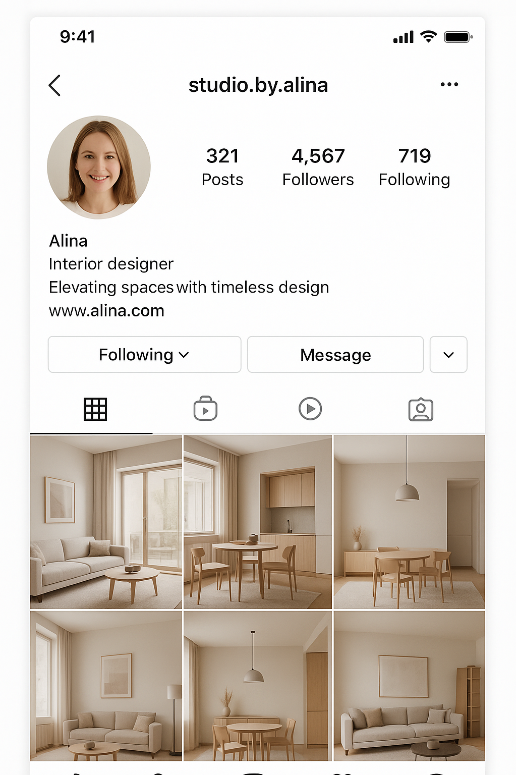 Визуализация страницы дизайнера интерьеров в сети Instagram