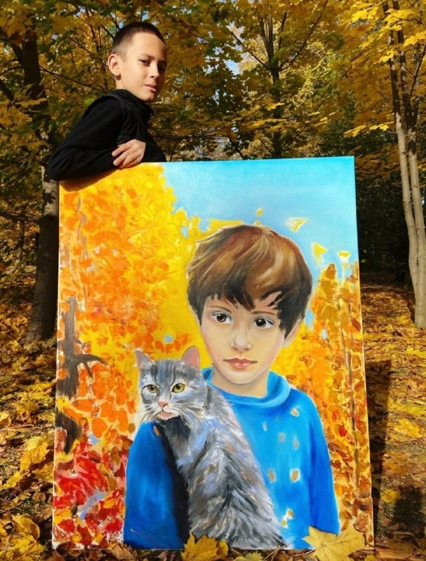 Картина маслом, осень, мальчик, кот, портрет, интерьерная картина, лес, современный художник, живопись маслом