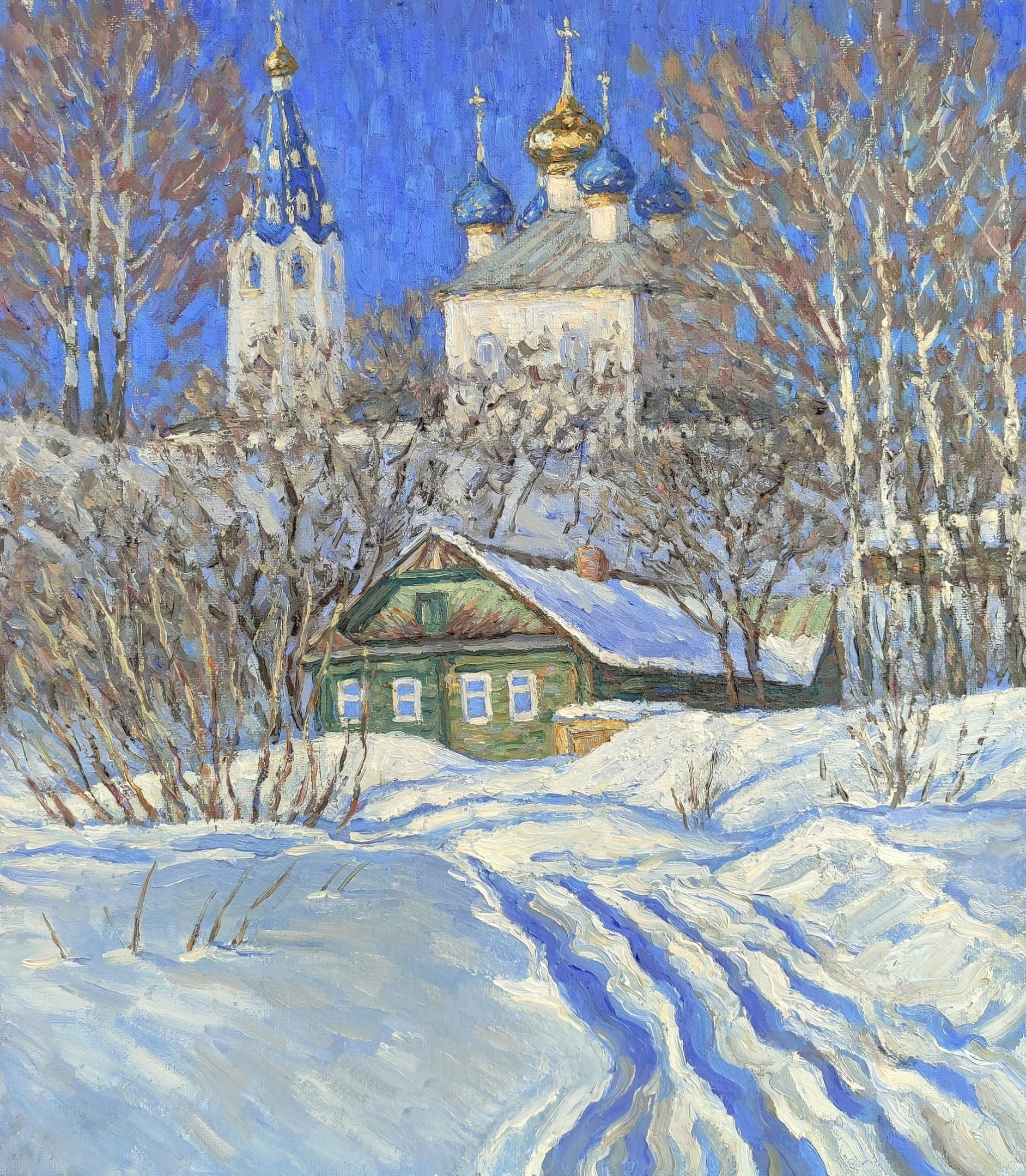 Мартовский звон - картина маслом , весенний деревенский пейзаж с церковью  