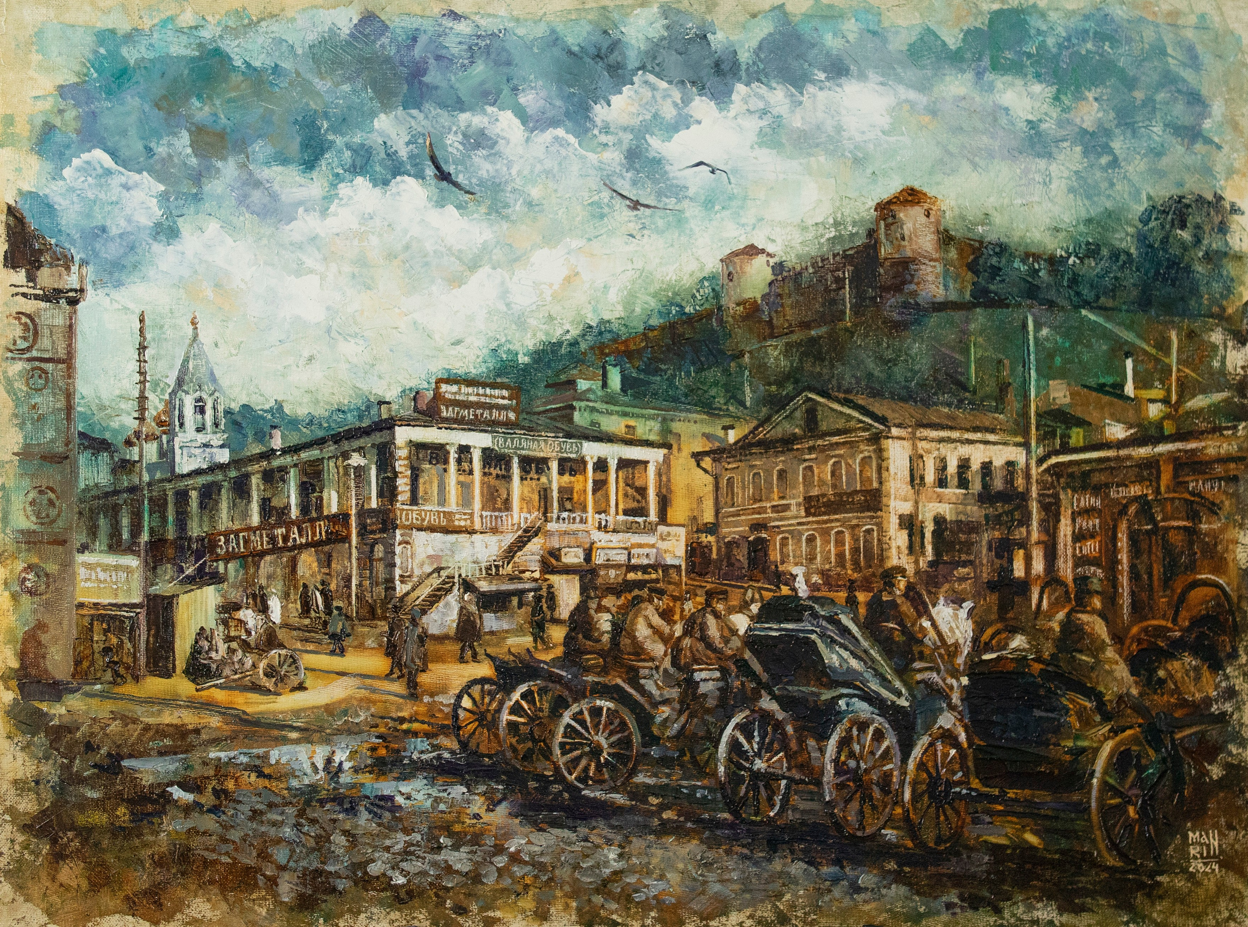 картины, интерьерные картины, картины маслом, масло,  природа, живопись, Нижний Новгород, город, картина с Нижнем Новгородом, виды Нижнего, церковь, картина с церковью, усадьба, старина, ретро стиль, прогулка по Нижнему, осень, осенняя картина, Рождественская улица, Старый Нижний, нижегородские виды, кремль