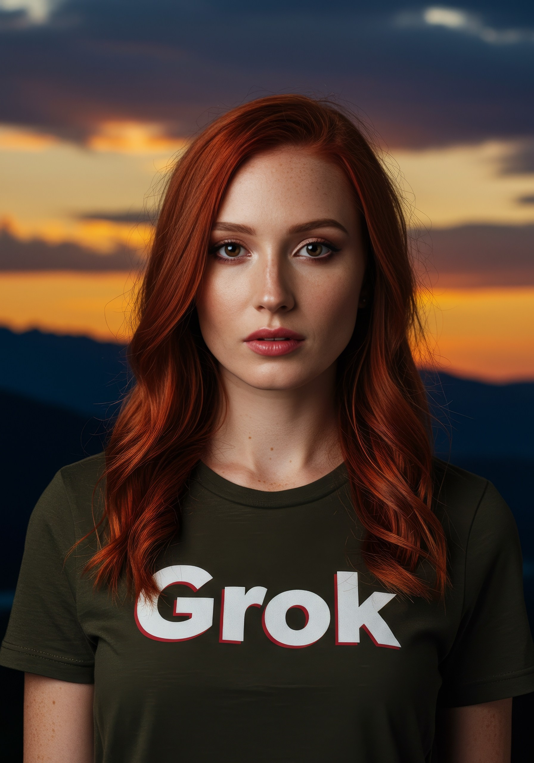 Рыжеволосая девушка в тёмно-оливковой футболке с надписью Grok на фоне закатного неба, портрет крупным планом. Оформление для статьи про ИИ от xAI