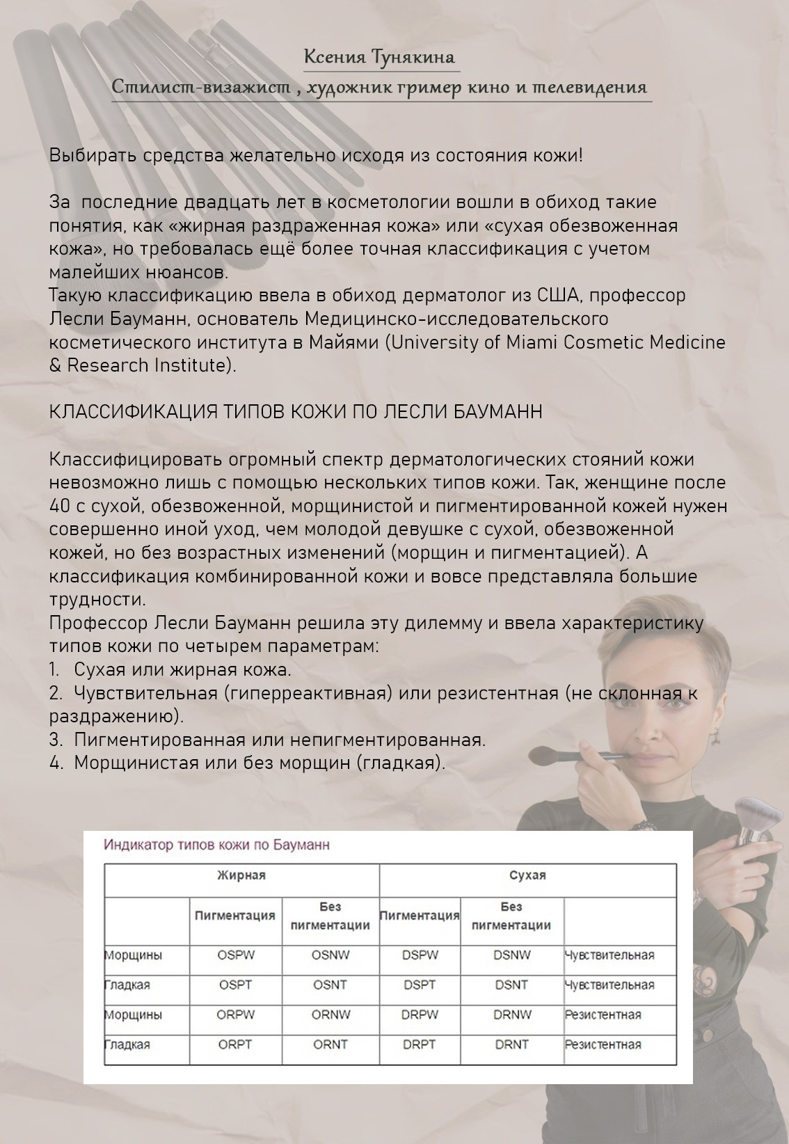 Классическое разделение кожи на типы и Классификация типов кожи по Лесли Бауманн. Свадебный стилист Москва