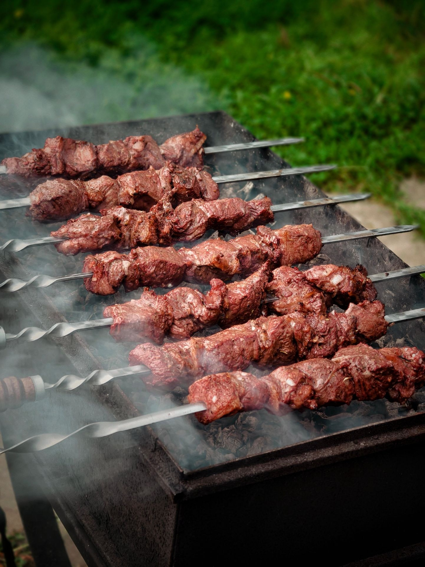 Шашлыки жарятся на мангале на дачном участке