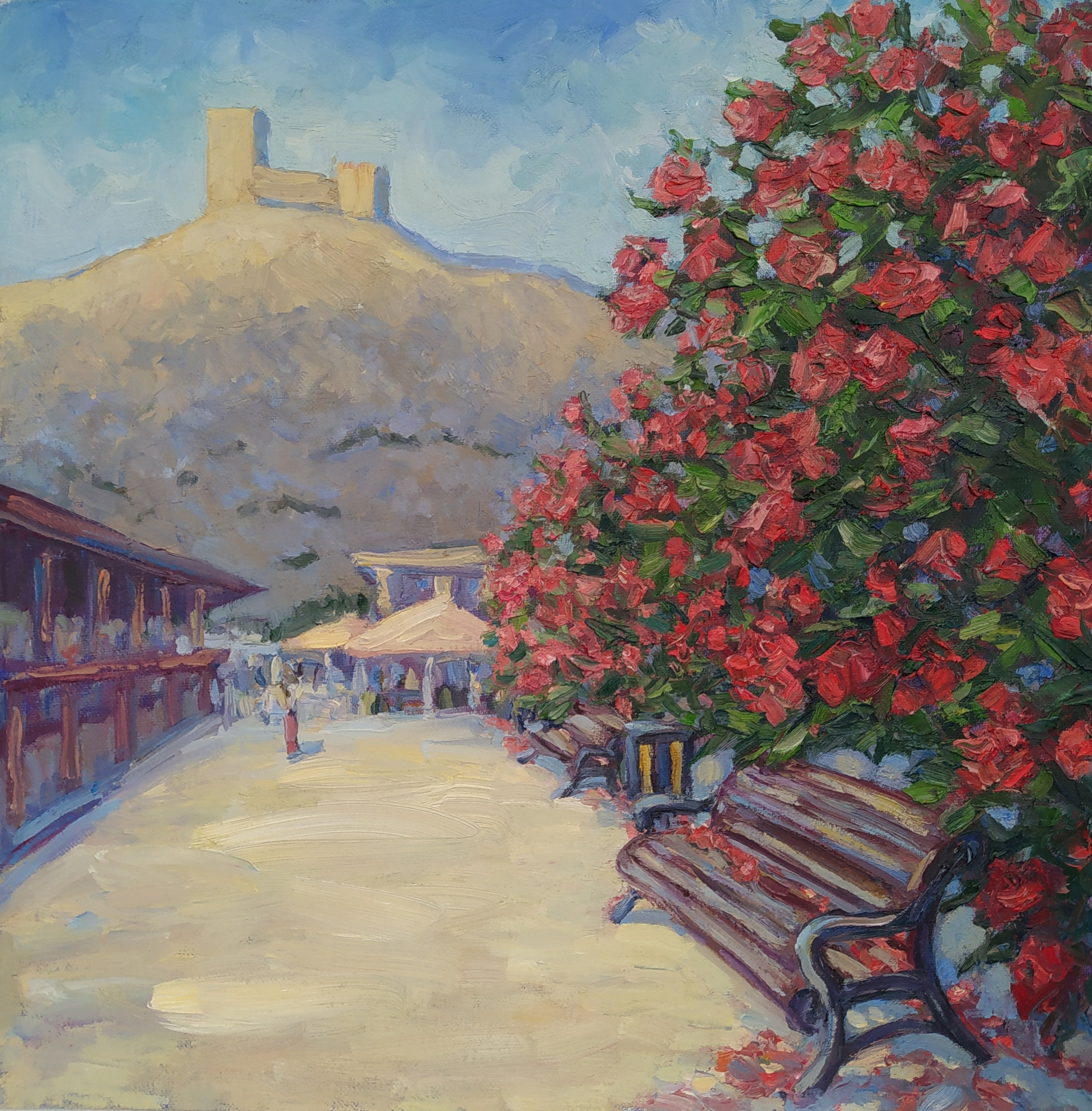 Крымский пейзаж маслом -Красные розы на набережной Судака