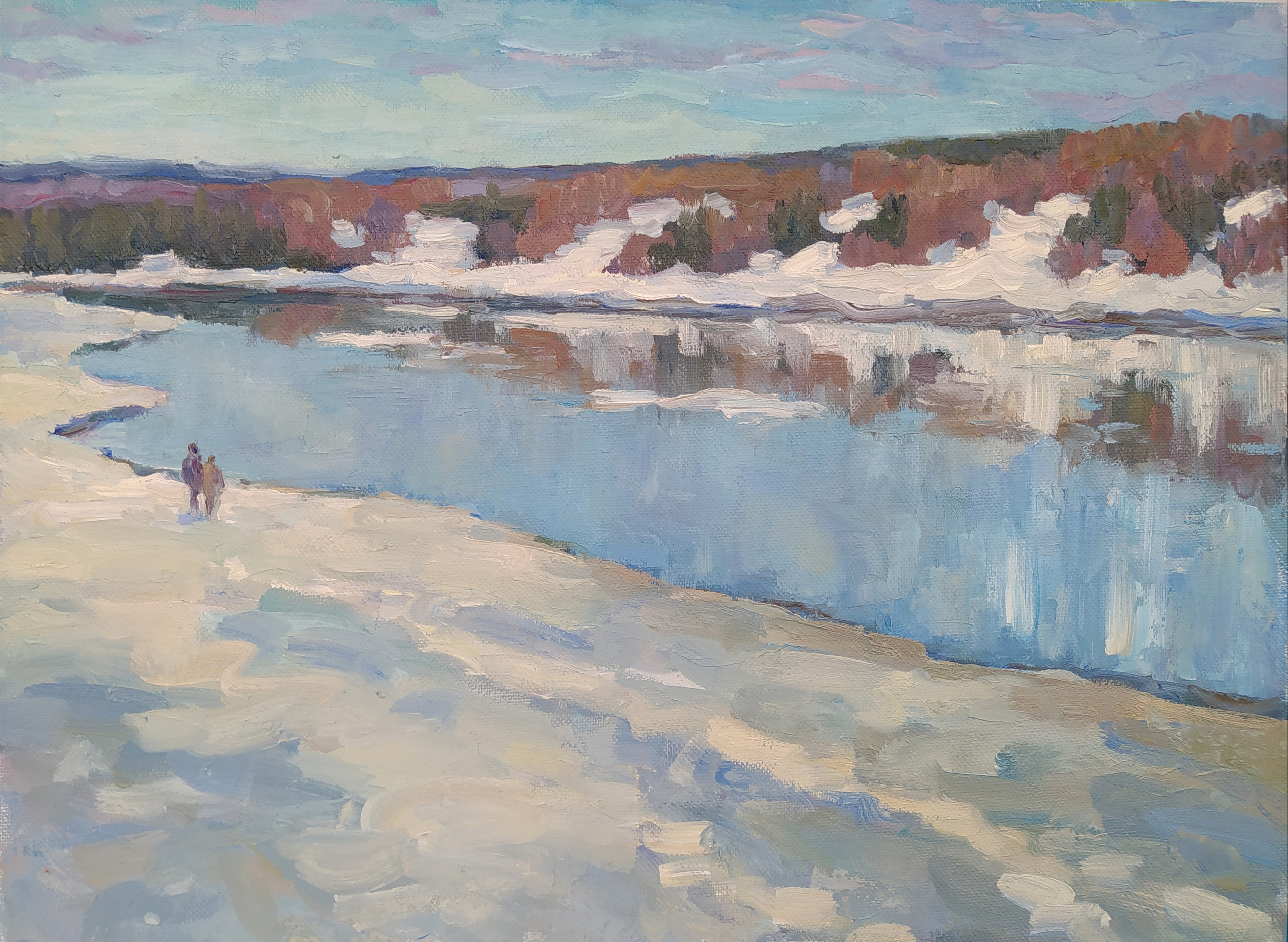 Весенний пейзаж с рекой и таянием снегов, весенняя пора - картина маслом