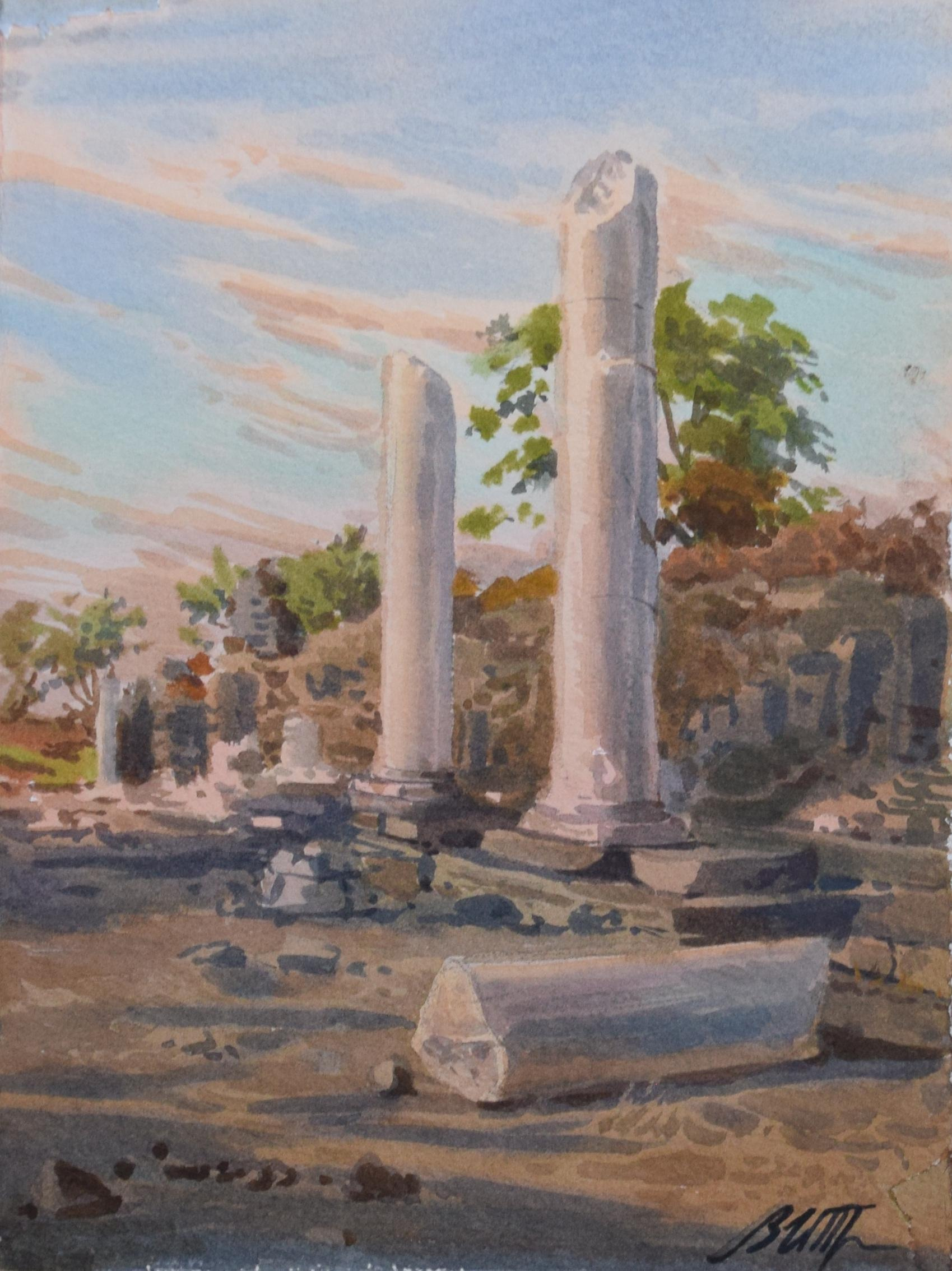 Акварель. Пейзаж. Картина. Турция. Сиде. Руины, античные колонны. Утренний пейзаж. Романтизм. Путешествия.