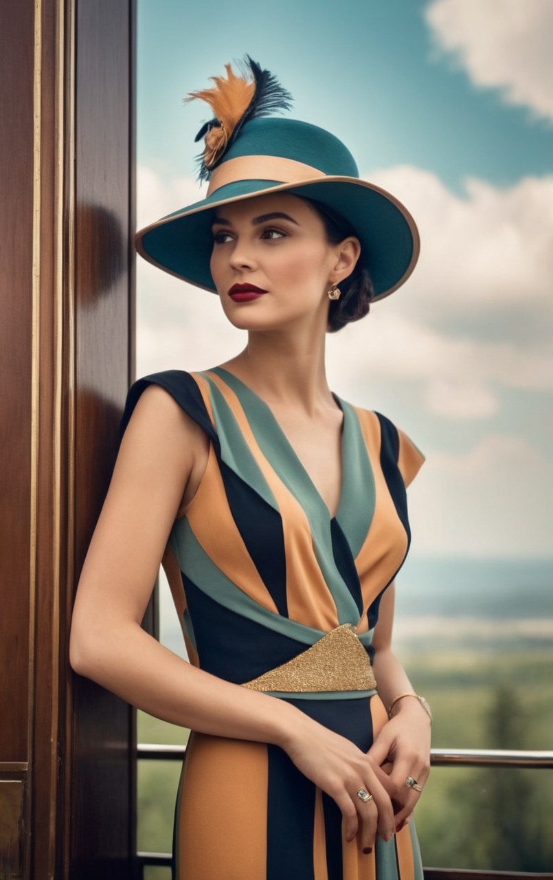 Стиль ар-деко. Девушка в бирюзово-бежевом платье и бирюзовой широкополой шляпе задумчиво смотрит в сторону.