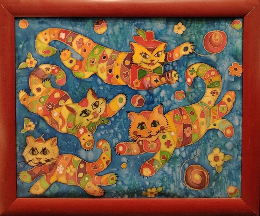 Коты летающие, радость, батик