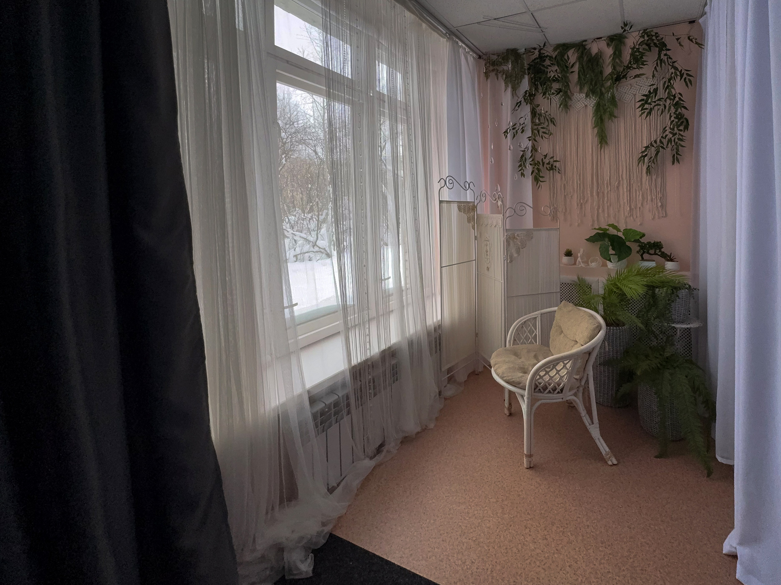 Светлая локация у окна в фотостудии IRBIS, Коряжма — кресло и зелёный декор