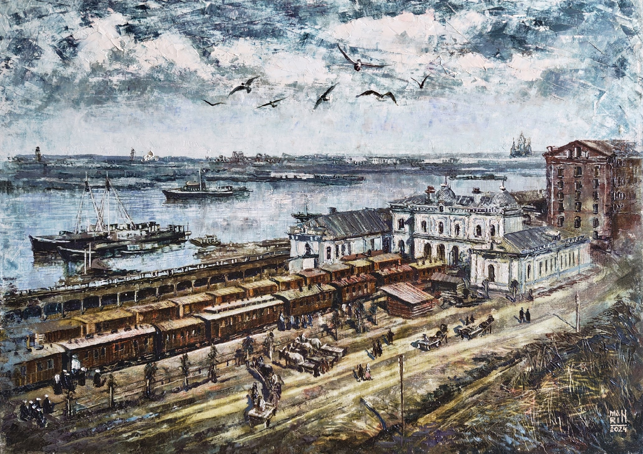 Нижний Новгород, старый Нижний,картины с Нижнем Новгородом, художник Марина Новосельская, ретро, картина в подарок, нижегородские художники, достопримечательности Нижнего Новгорода, памятник, повозки, лошади, Ромодановский вокзал, железная дорога, Казанский вокзал, мельница башкирова, корабли, река Ока и Волга, собор Александра Невского