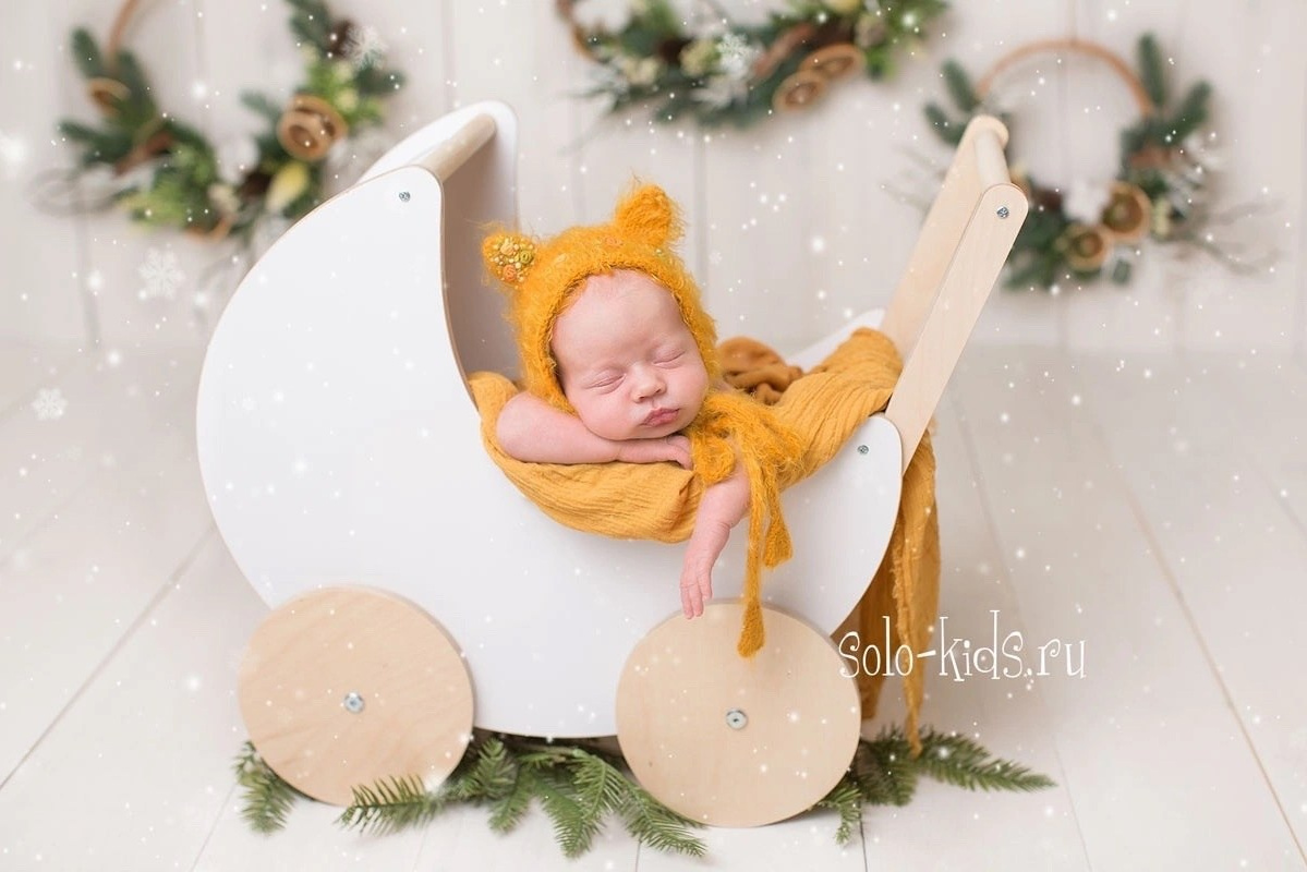 Малышка в колясочке на ньюборн-фотосессии