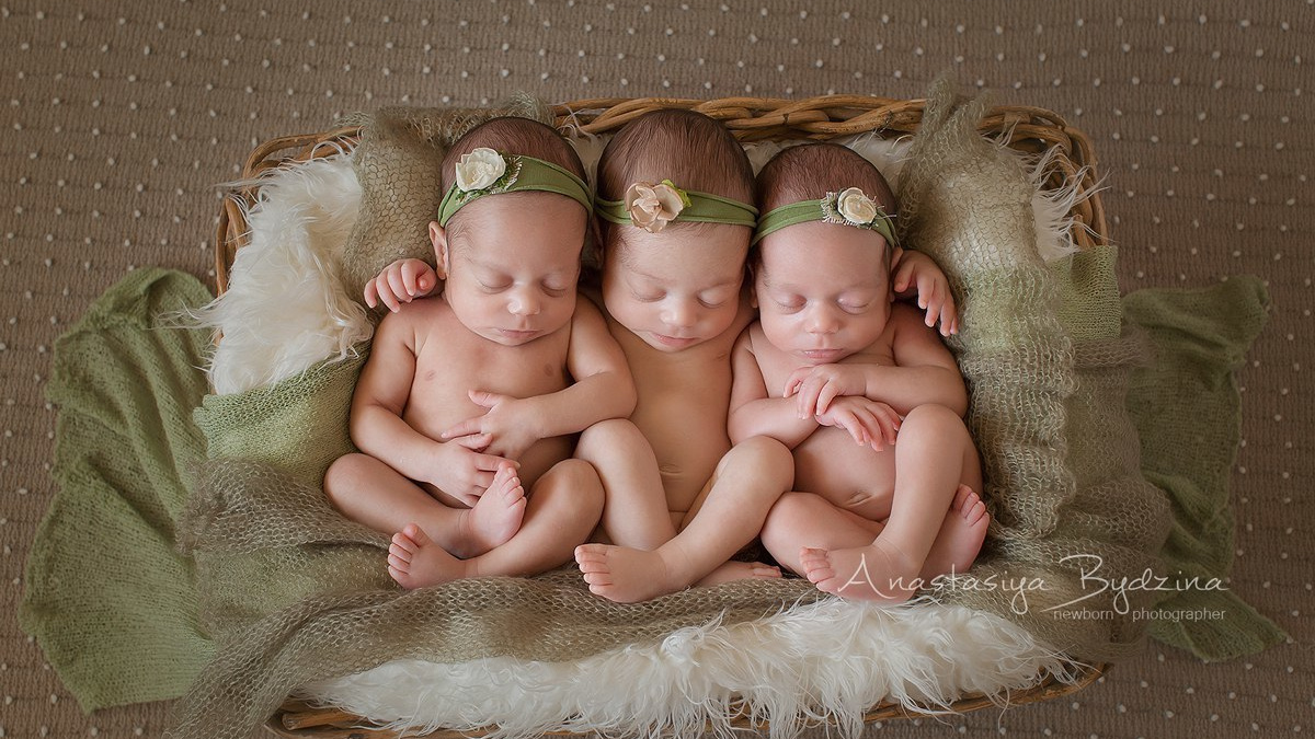 Новорожденные тройняшки на первой фотосессии