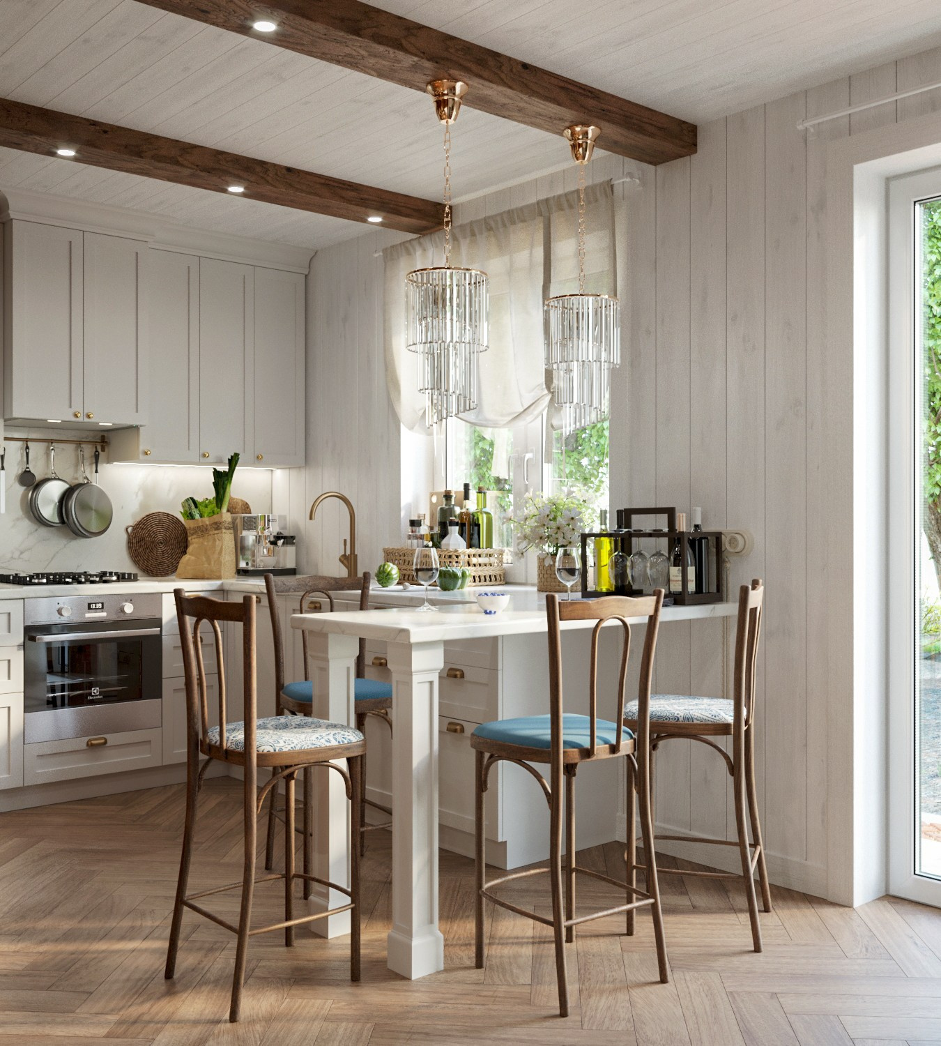 Реалистичная визуализация современной кухни с мягким дневным светом и деревянными фасадами — визуализация для мебельного бренда.