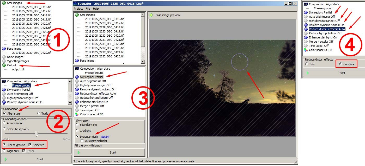 Интерфейс и настройки Sequator при обработке звезд.