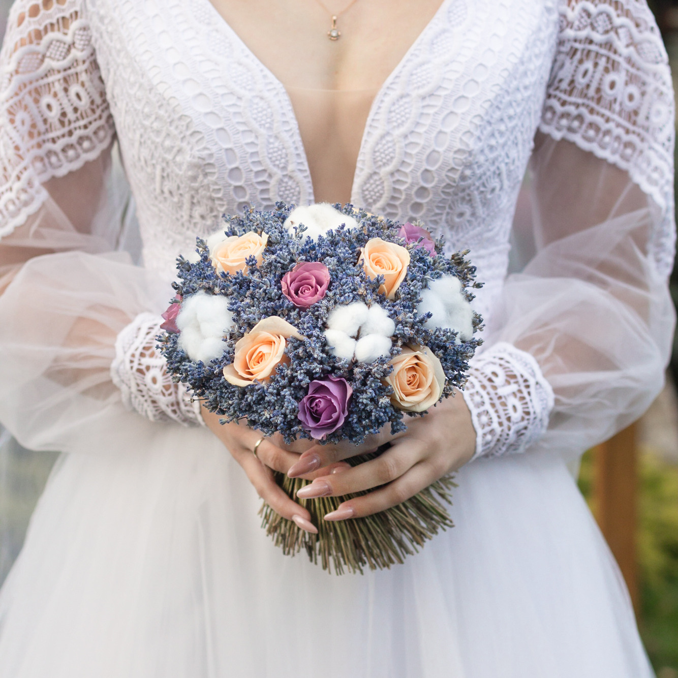 Букет невесты с стиле Прованс с лавандой и хлопком от флориста Маргариты Гладковой