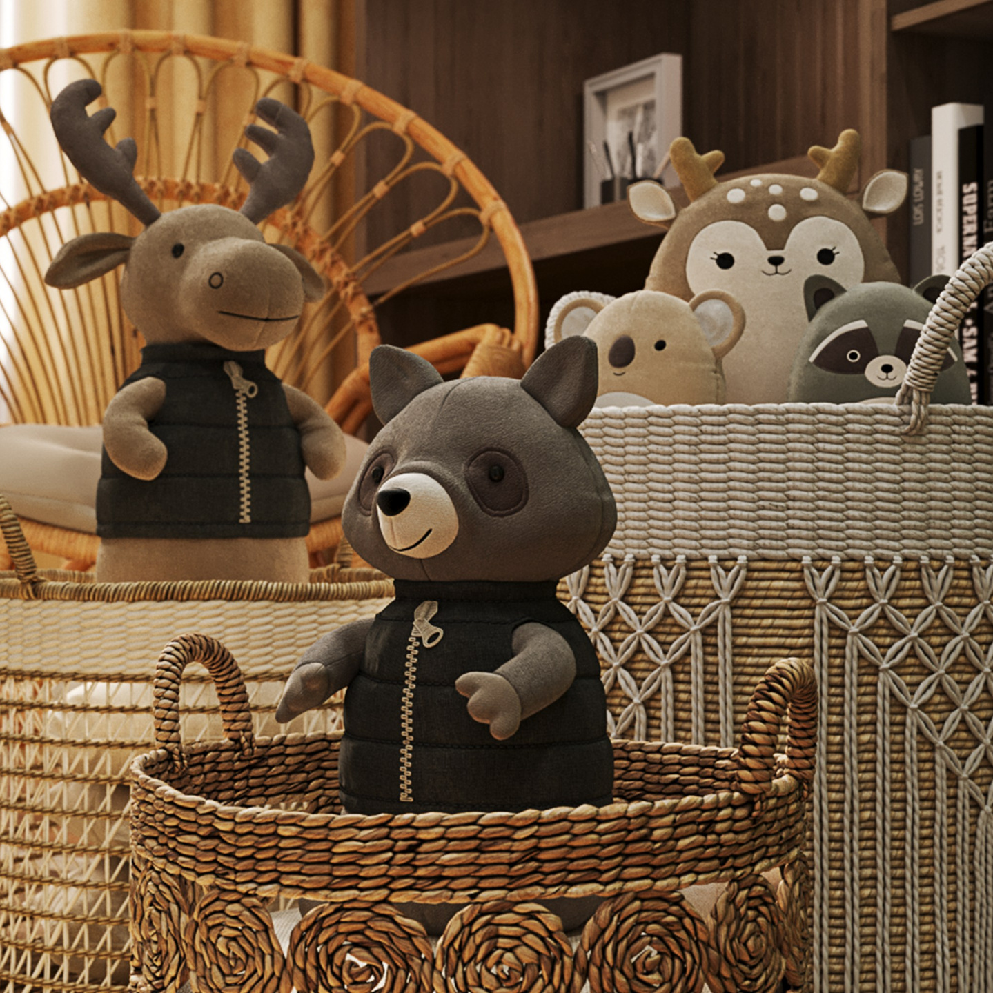 3D визуализация мягких игрушек в плетёных корзинах в уютной детской комнате
