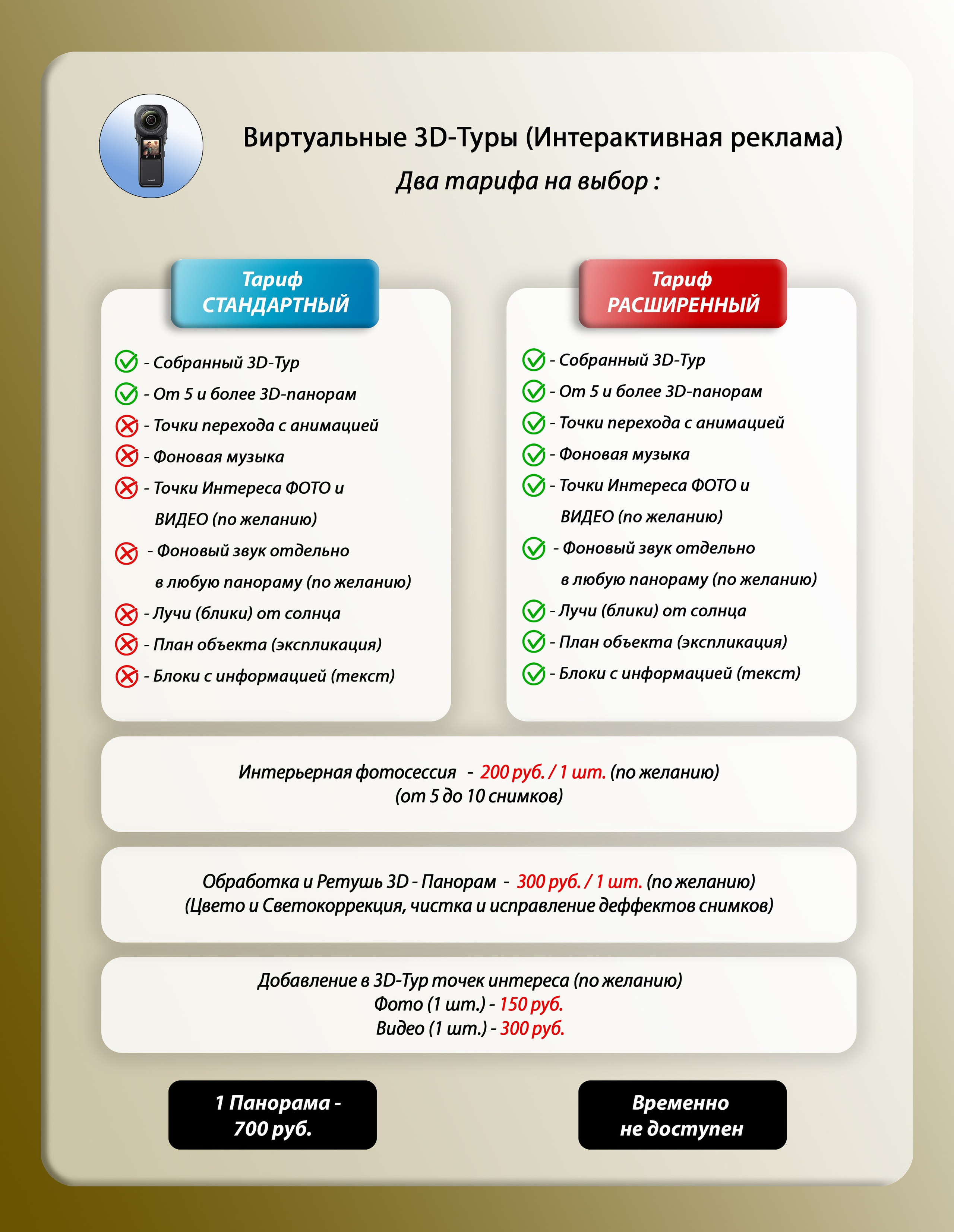 Цены на виртуальные 3D-Туры. Фотосъёмка объектов недвижимости