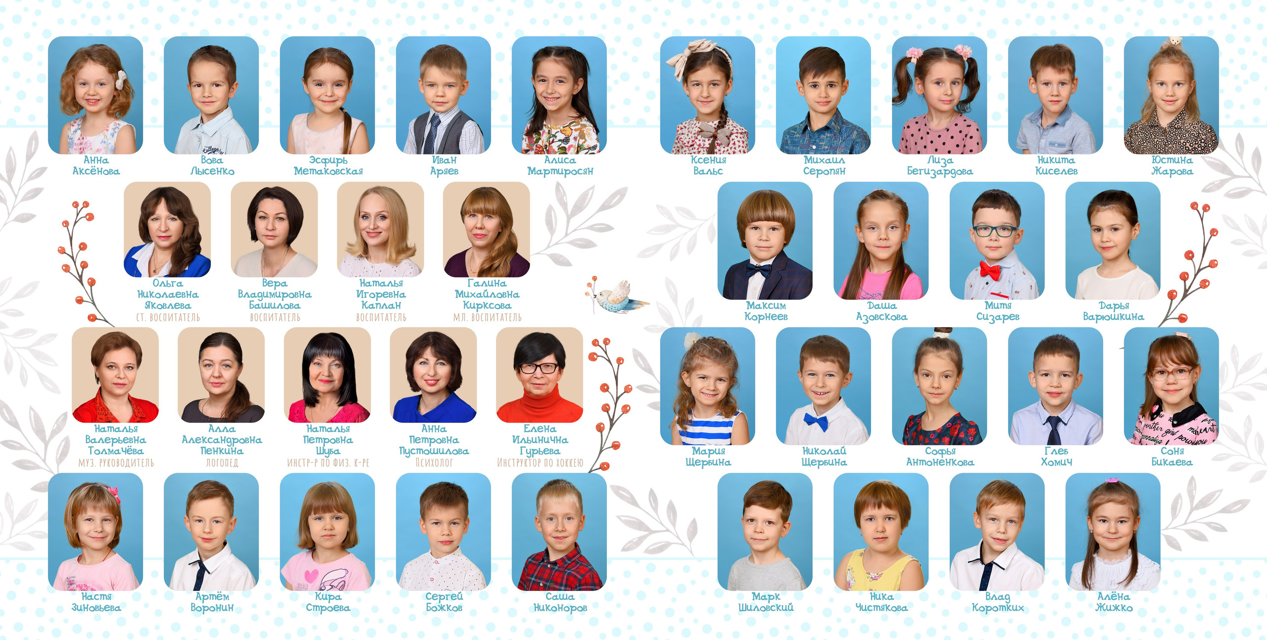 Виньетка выпускного альбома для детского сада, включающая портреты детей, воспитателей и педагогов.