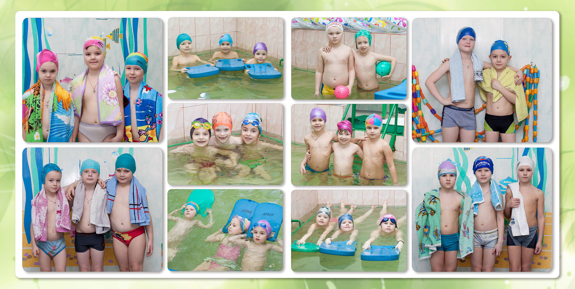 фото детей в бассейне в шапочках по 2 и 3 человека