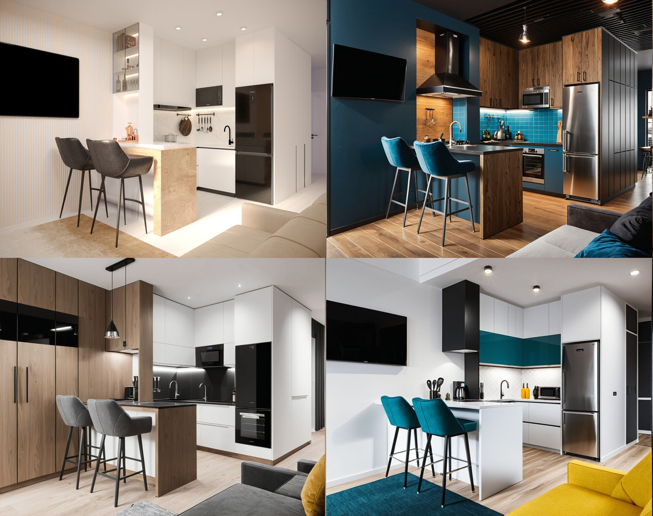 Коллаж из четырёх современных кухонь, отличающихся цветовой схемой и планировкой
