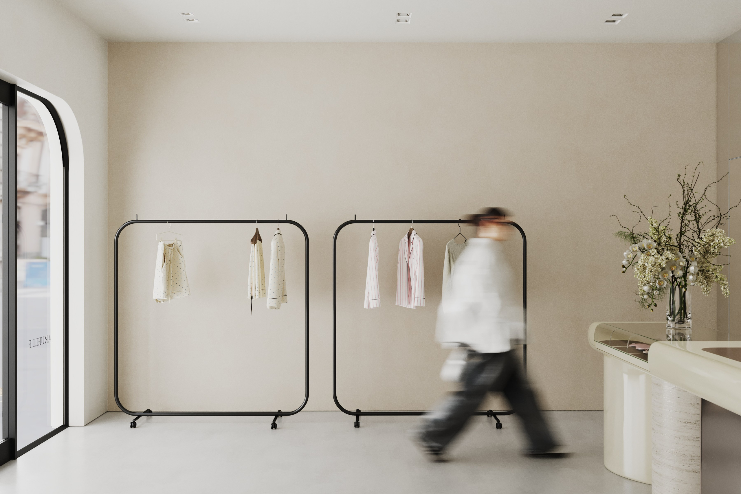 Aruelle pop-up store interior with clothing rails
